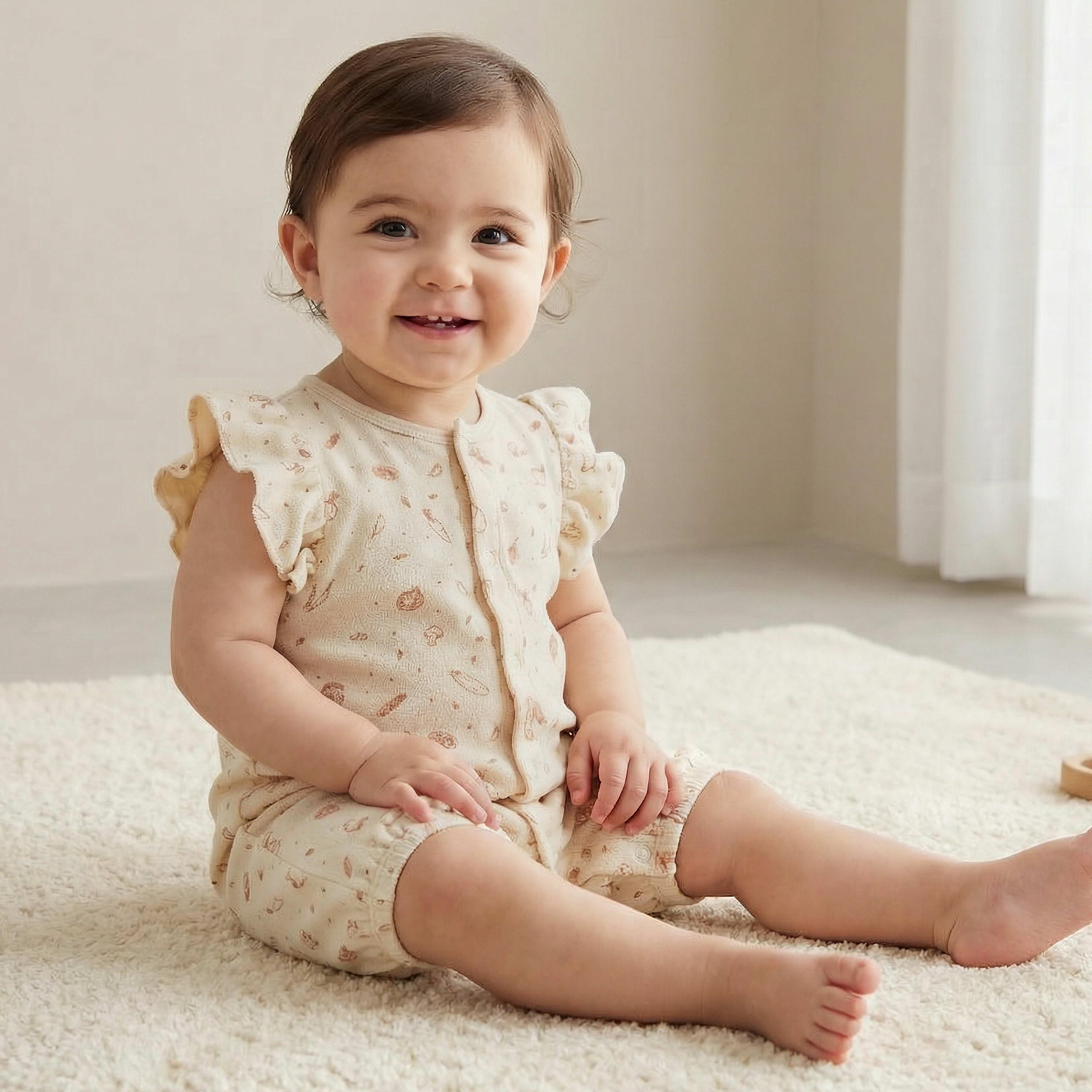 Juniors Graphic Print Romper with Ruffle Sleeves and Button Closure-baby-girls-clothing-rompers-image-1