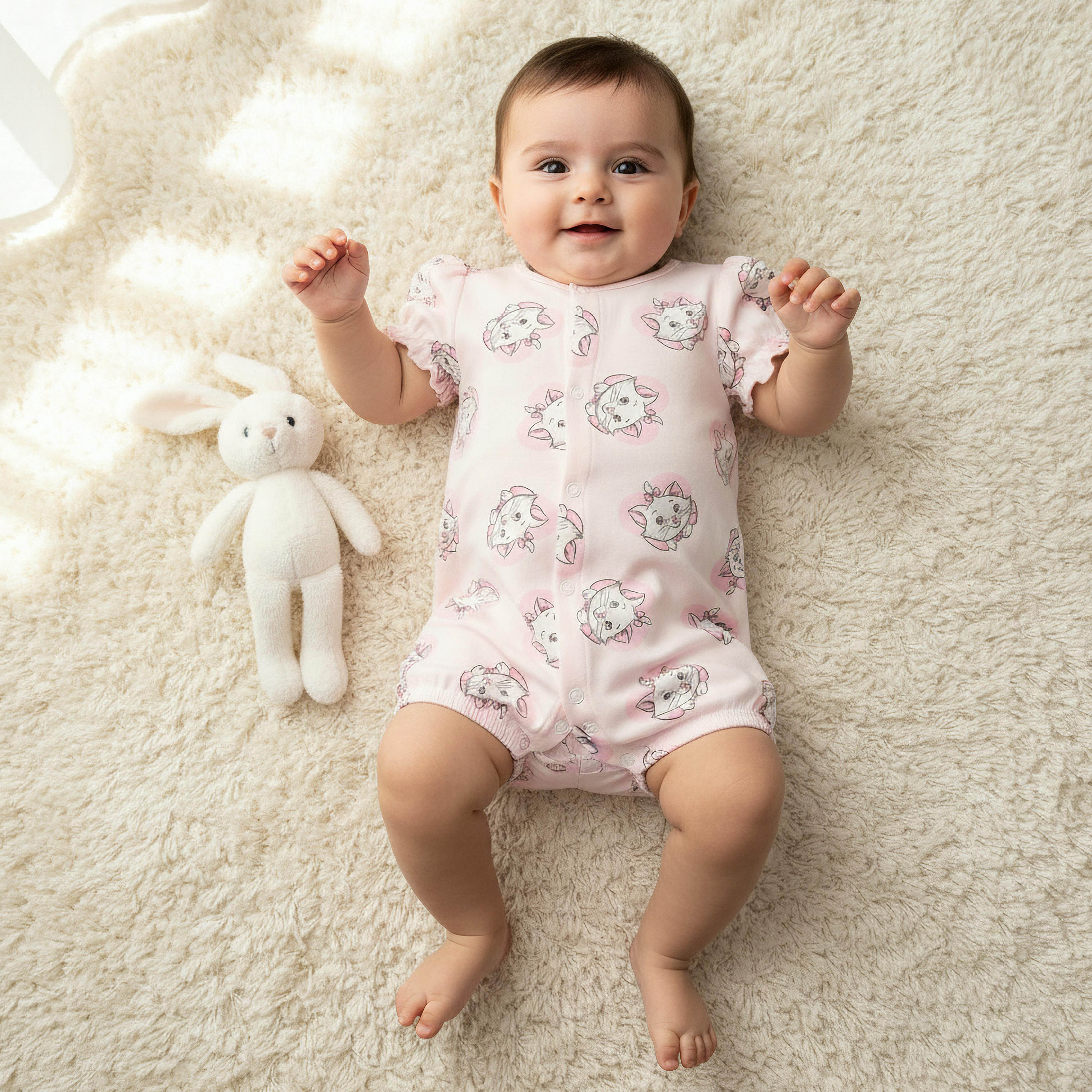 Disney Round Neck Short Sleeves Romper with Marie Print-baby-girls-clothing-rompers-image-1