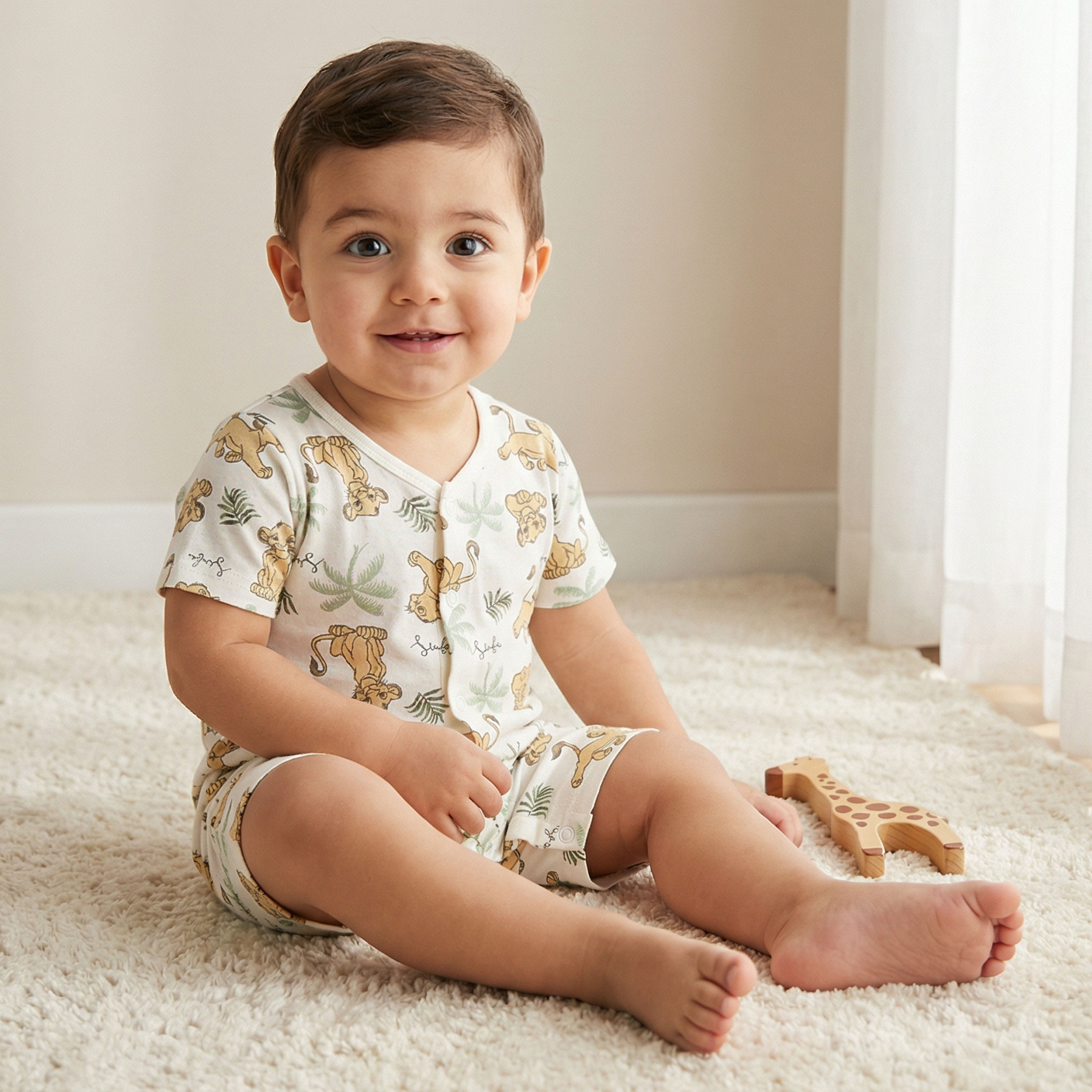 Disney Round Neck Short Sleeves Romper with Simba Print-baby-boys-clothing-rompers-image-1