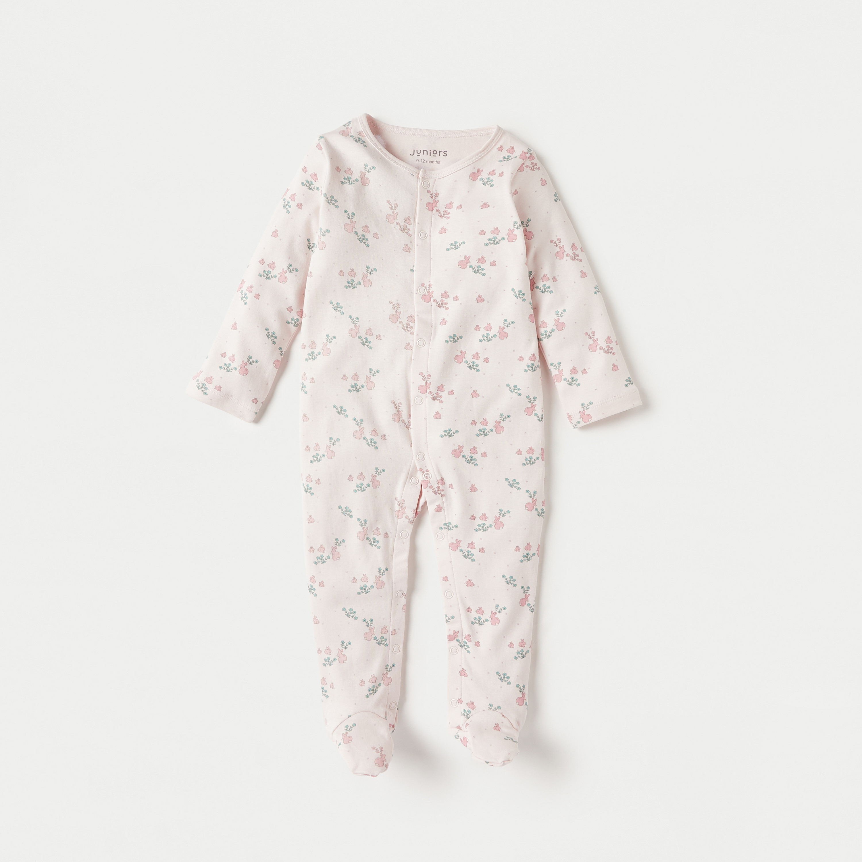 Juniors All-Over Bunny Print Sleepsuit with Button Closure and Long Sleeves-baby-girls-clothing-nightwear-sleepsuits-image-1