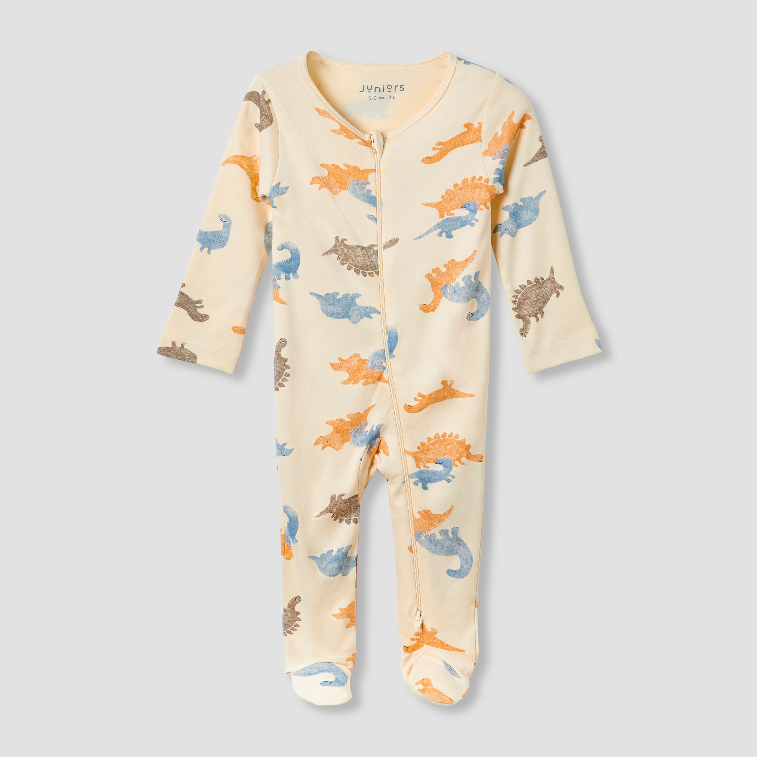 Juniors Round Neck Footed Sleepsuit with Dinosaur Print - Cotton - Long Sleeves-baby-boys-clothing-nightwear-sleepsuits-image-2