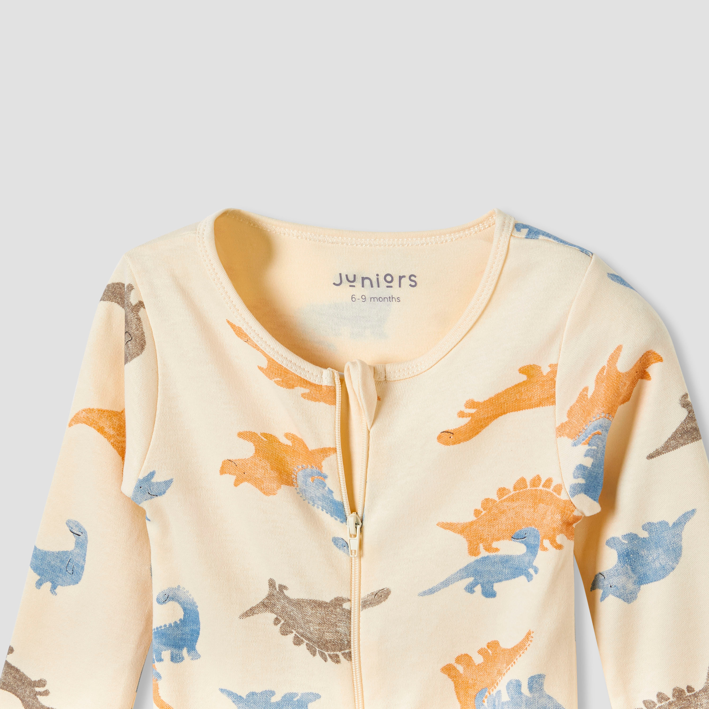 Juniors Round Neck Footed Sleepsuit with Dinosaur Print - Cotton - Long Sleeves-baby-boys-clothing-nightwear-sleepsuits-image-4