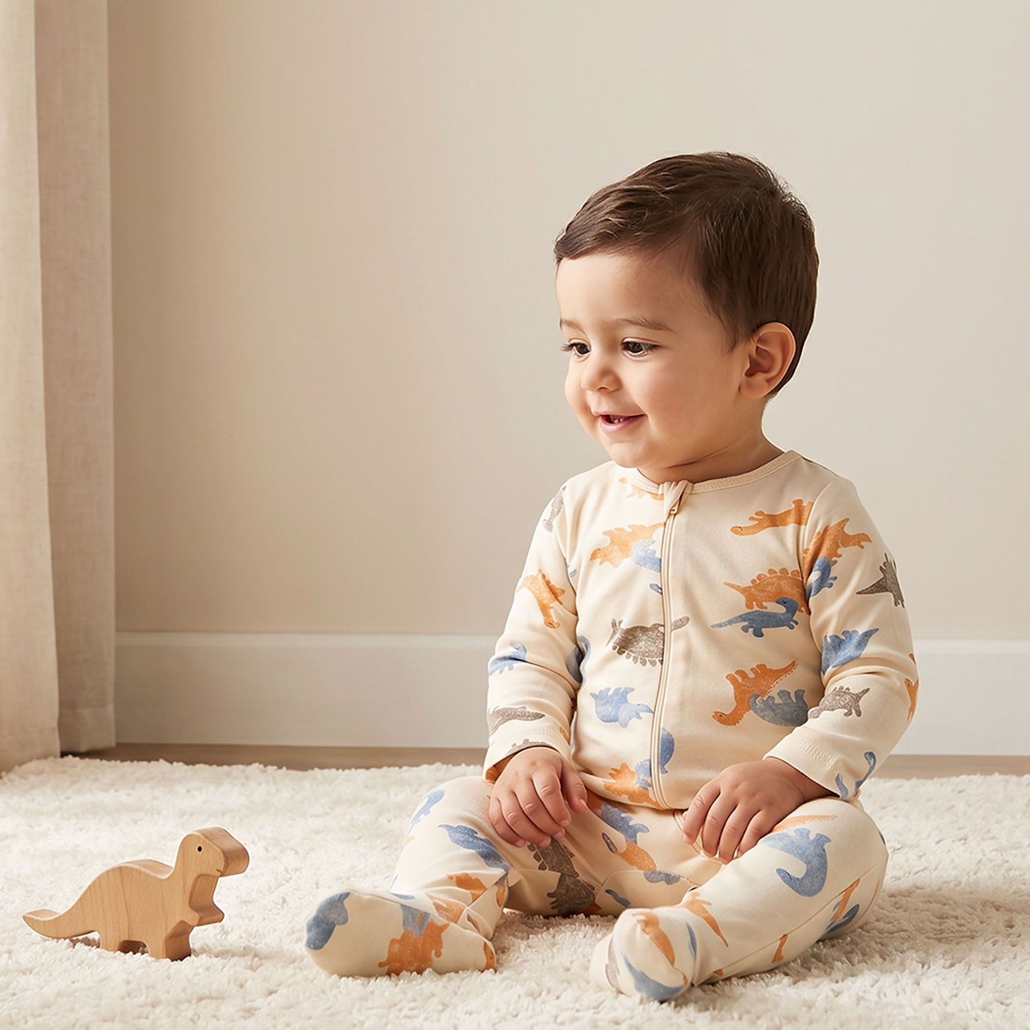 Juniors Round Neck Footed Sleepsuit with Dinosaur Print - Cotton - Long Sleeves-baby-boys-clothing-nightwear-sleepsuits-image-1