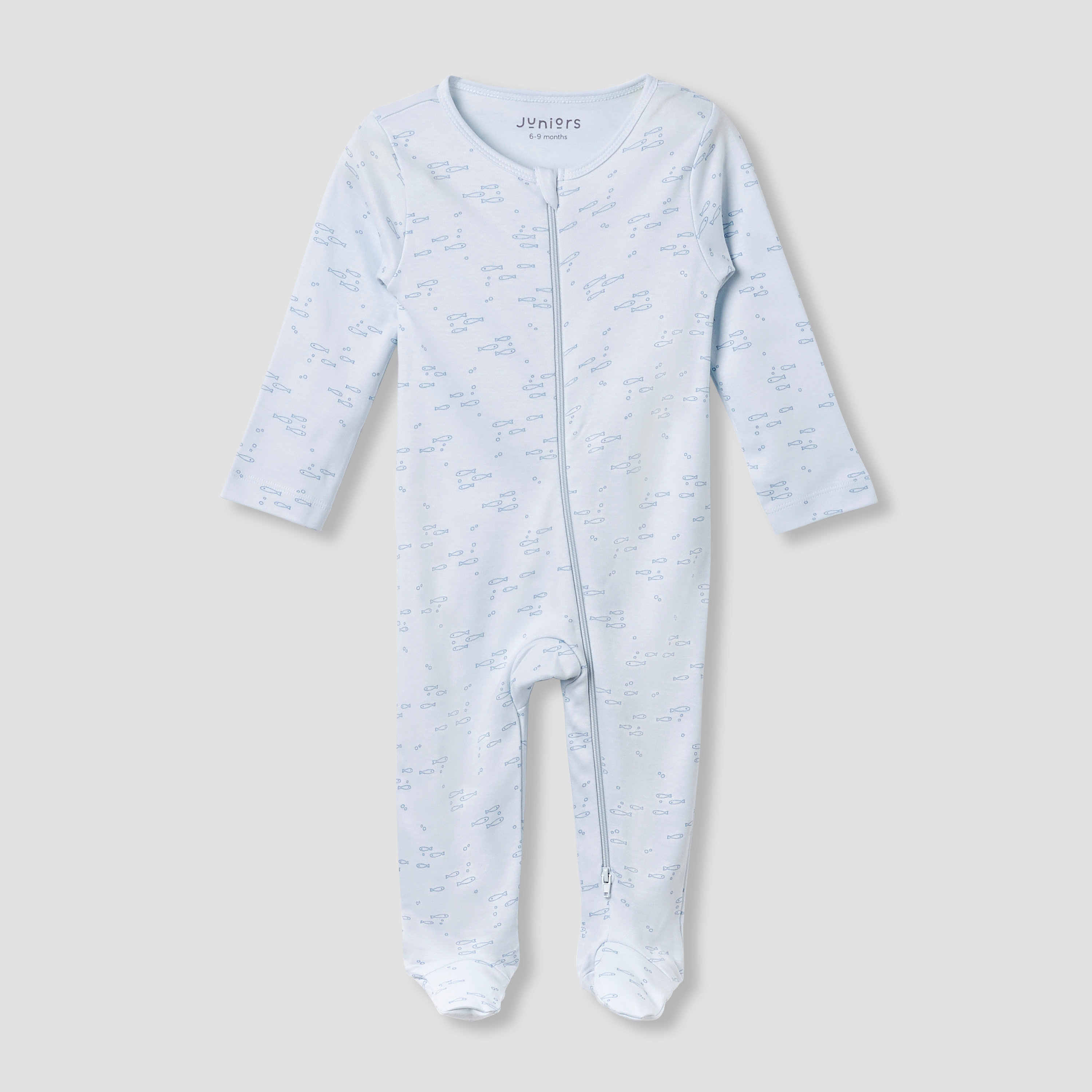 Juniors Round Neck Footed Sleepsuit with Fish Print - Cotton - Long Sleeves-baby-boys-clothing-nightwear-sleepsuits-image-1