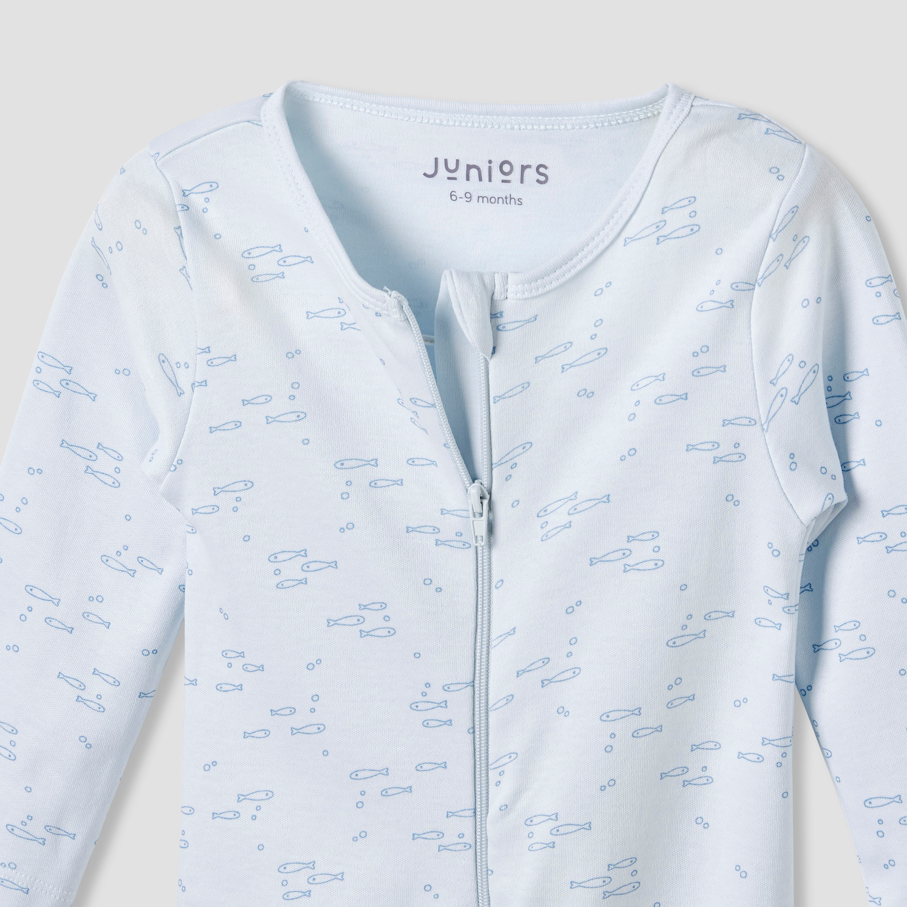 Juniors Round Neck Footed Sleepsuit with Fish Print - Cotton - Long Sleeves-baby-boys-clothing-nightwear-sleepsuits-image-3