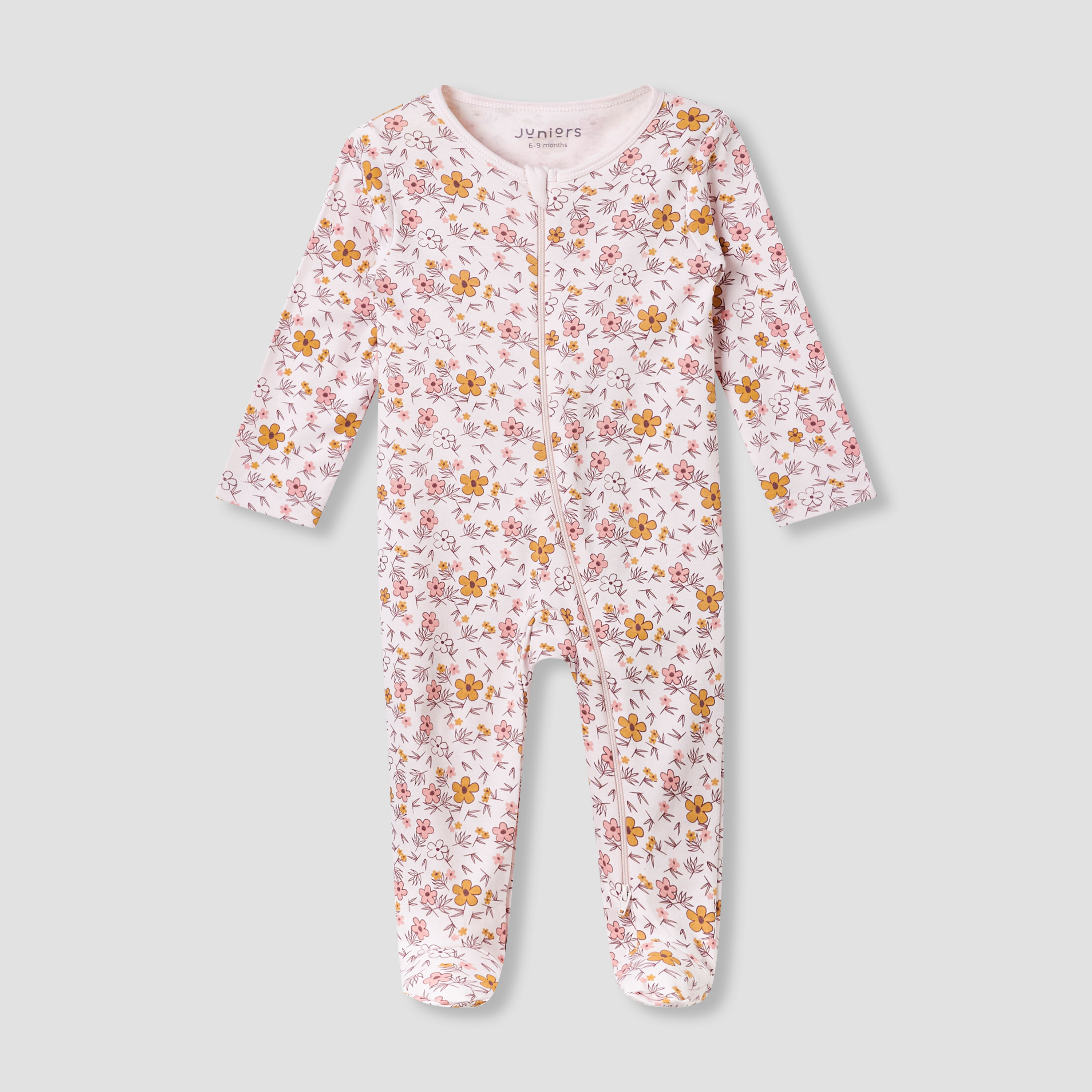 Juniors Round Neck Footed Sleepsuit with Floral Print - Cotton - Long Sleeves-baby-girls-clothing-nightwear-sleepsuits-image-1