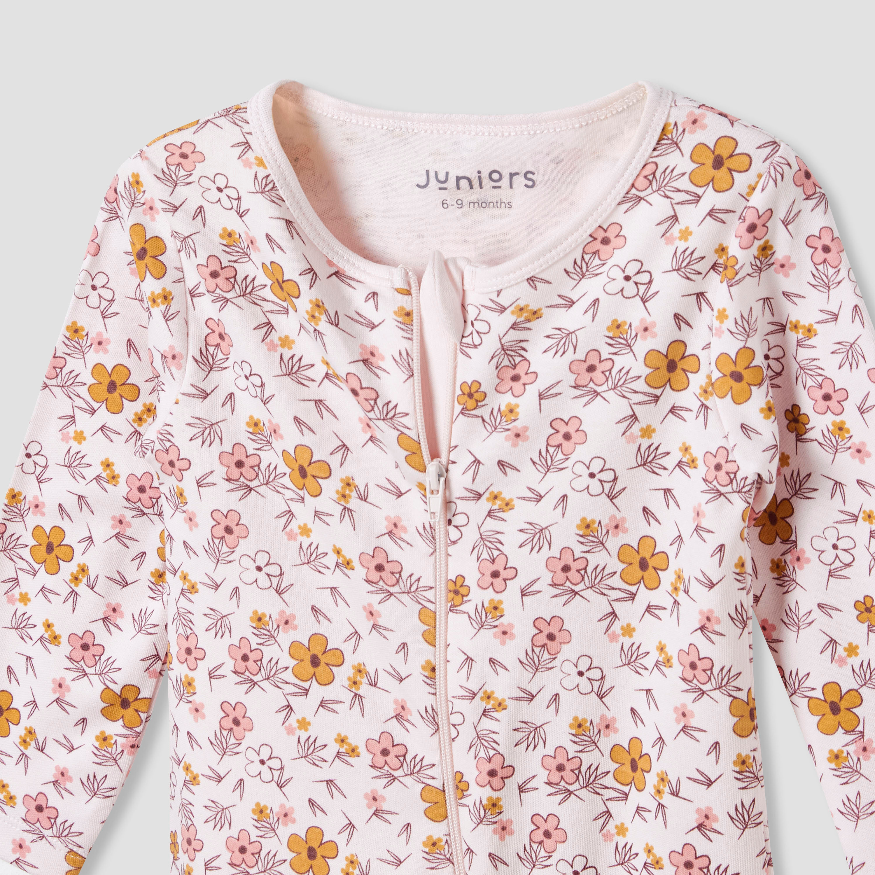 Juniors Round Neck Footed Sleepsuit with Floral Print - Cotton - Long Sleeves-baby-girls-clothing-nightwear-sleepsuits-image-3