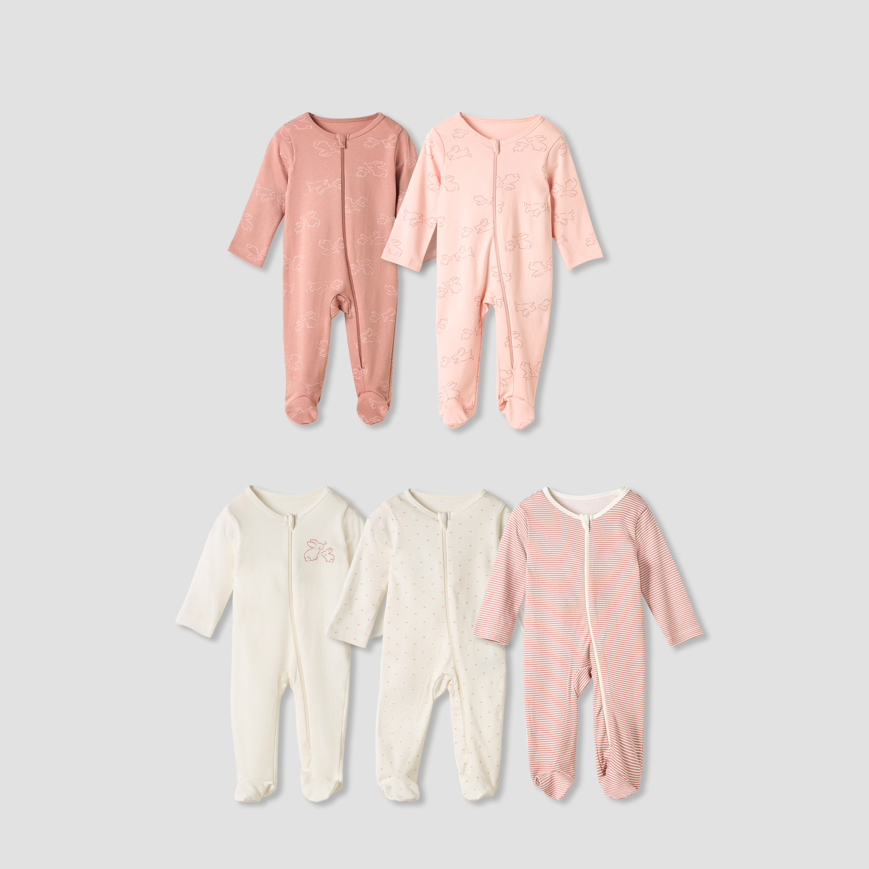 Juniors Bunny Print Sleepsuit with Long Sleeves - Set of 5-baby-girls-clothing-nightwear-sleepsuits-image-1