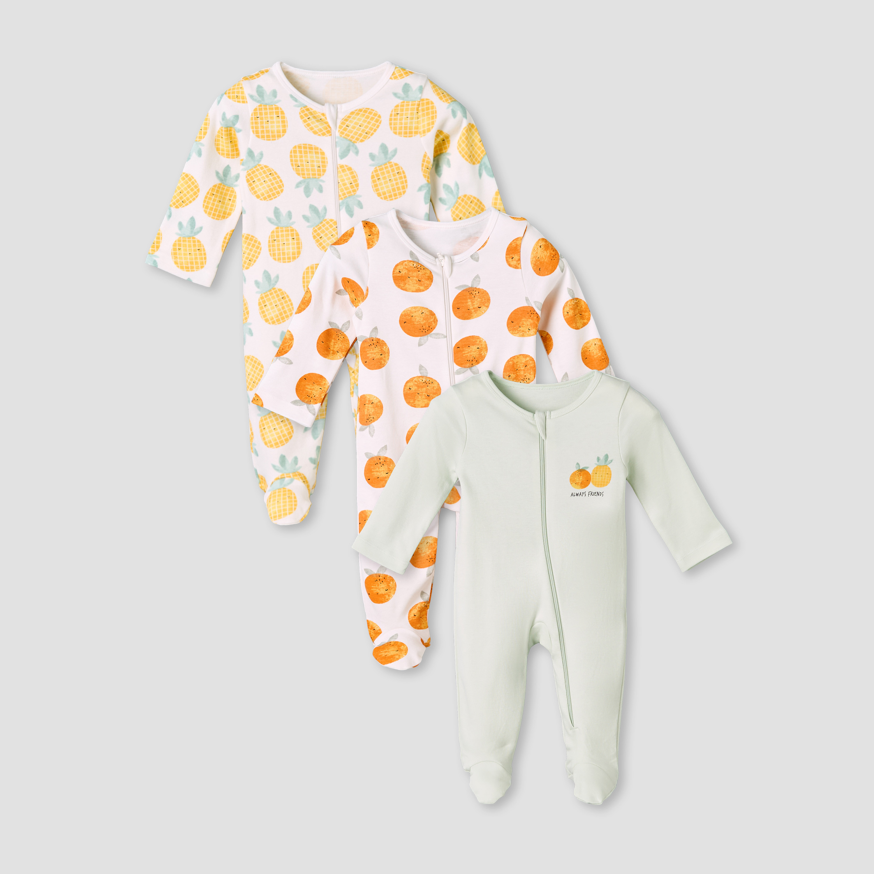 Pack of 3 Juniors Cotton Round Neck Long Sleeves Sleepsuit with Zip Closure-baby-girls-clothing-nightwear-sleepsuits-image-1