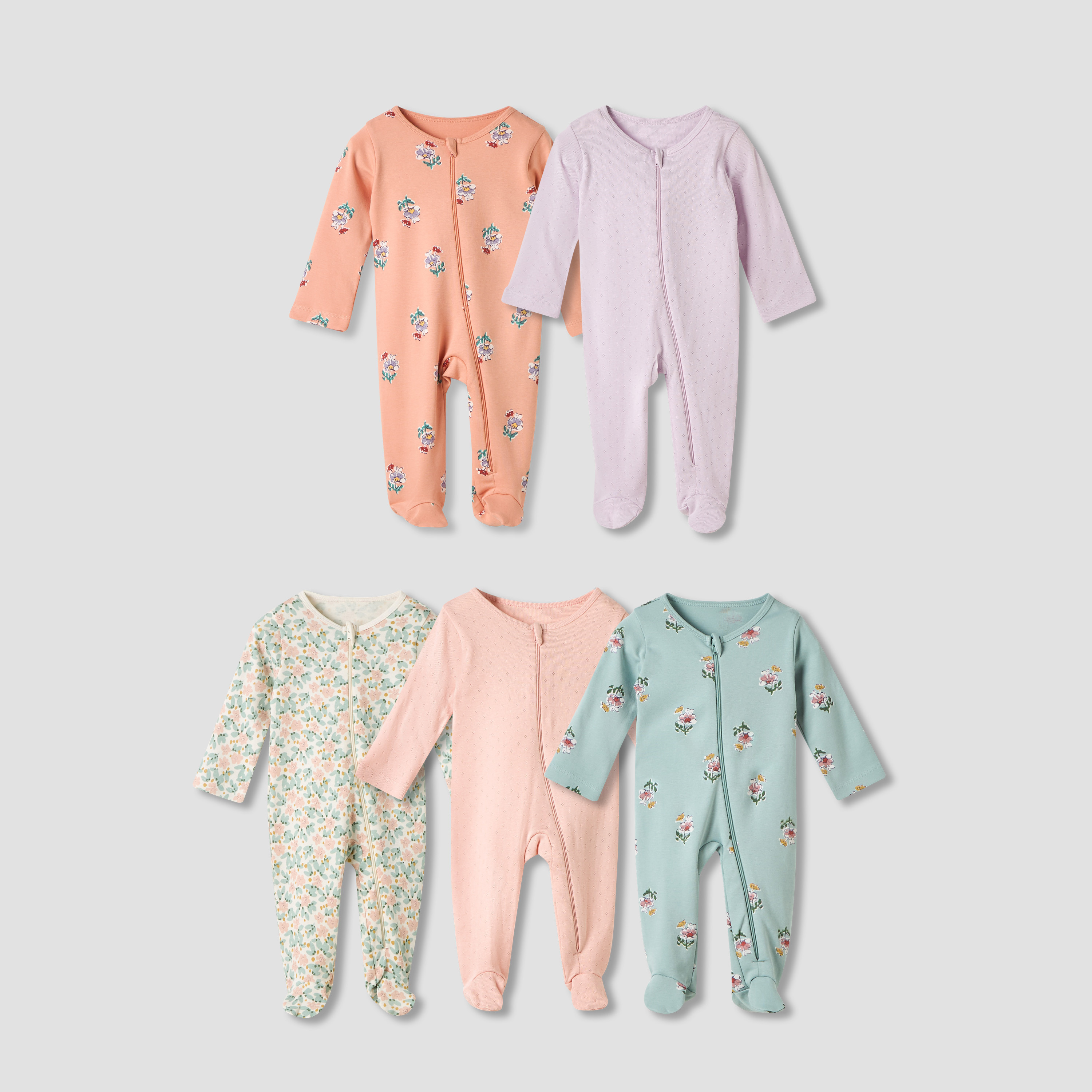 Juniors Floral Print Sleepsuit with Long Sleeves - Set of 5-baby-girls-clothing-nightwear-sleepsuits-image-1