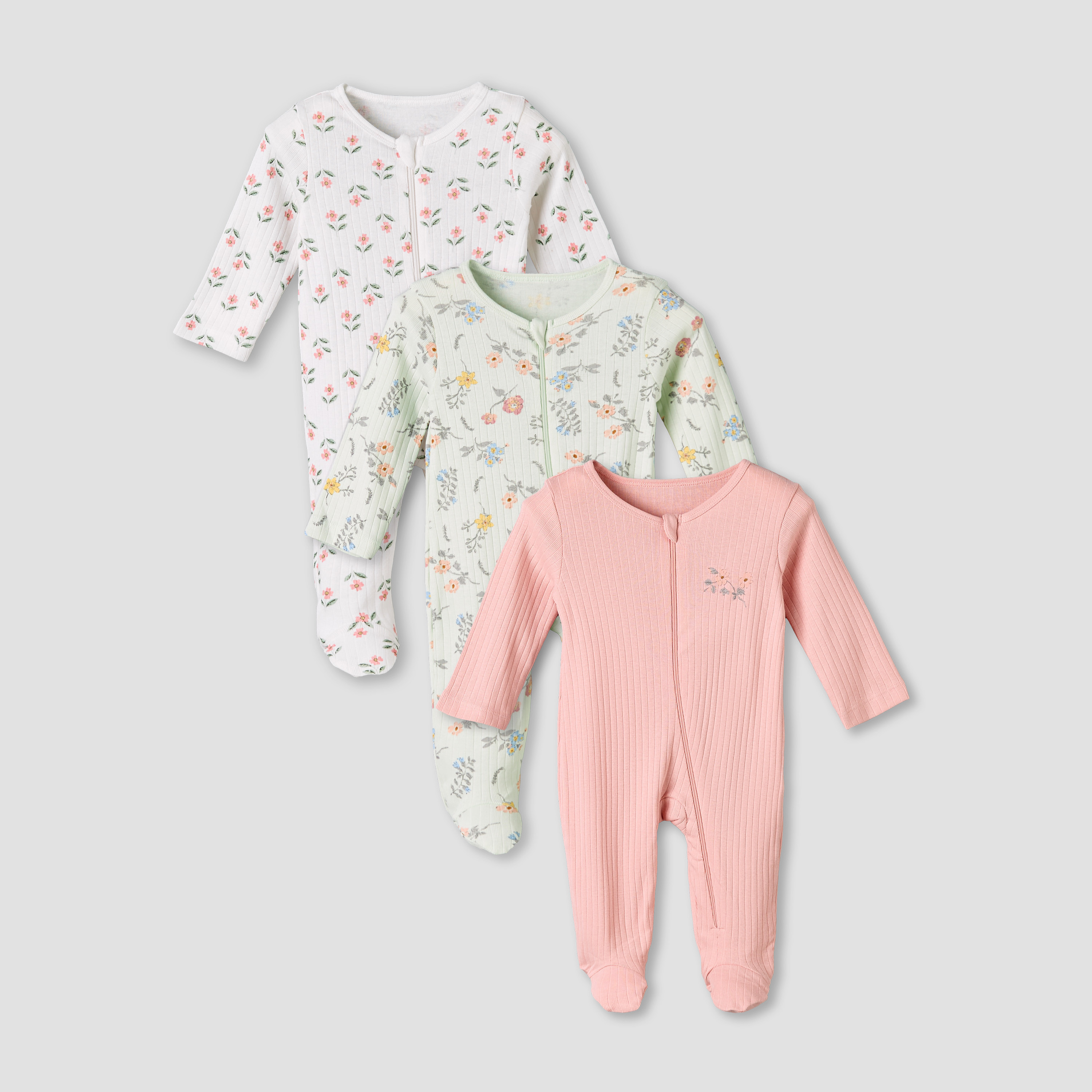 Pack of 3 Juniors Cotton Round Neck Long Sleeves Sleepsuit with Zip Closure-baby-girls-clothing-nightwear-sleepsuits-image-1