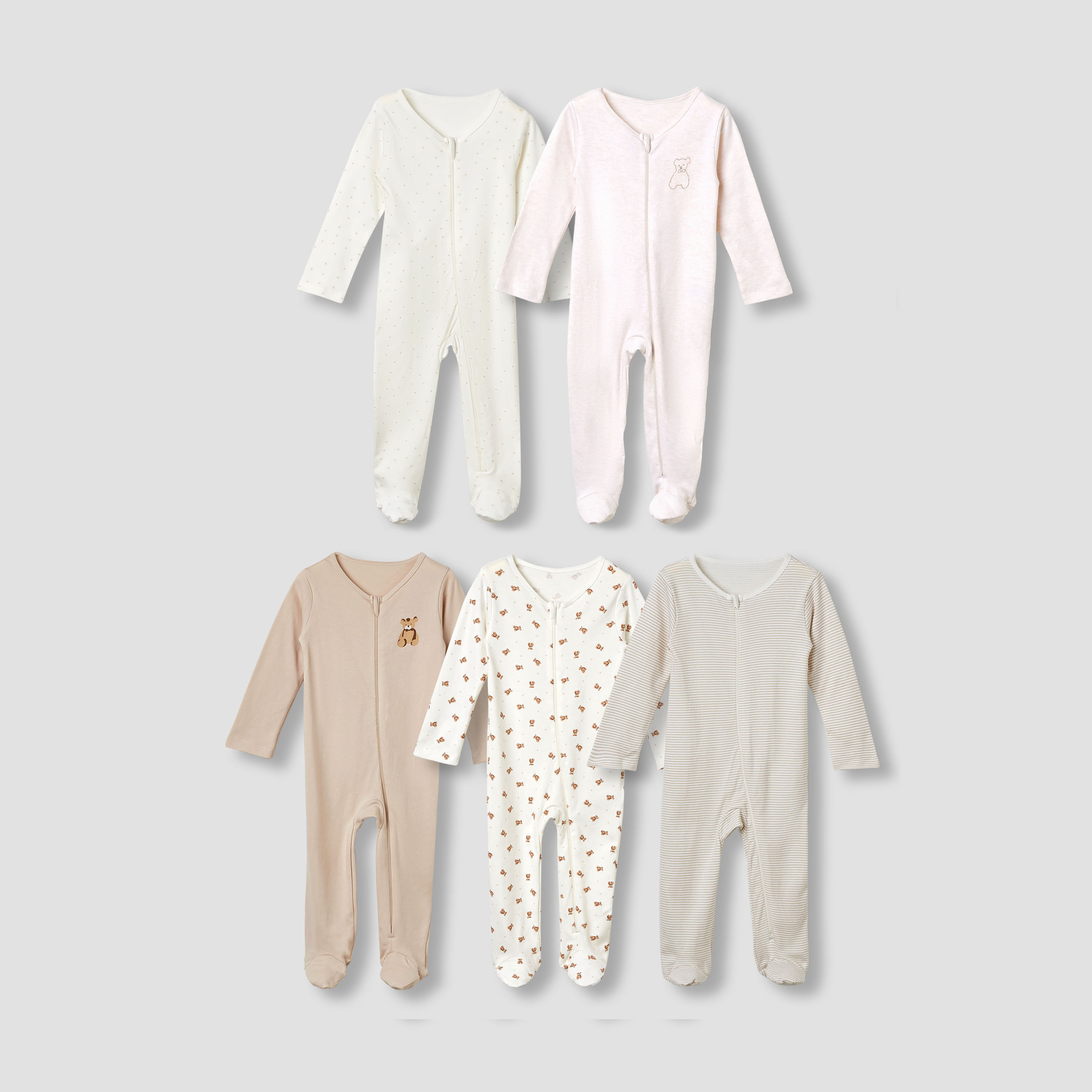 Juniors Assorted Sleepsuit with Long Sleeves and Zip Closure - Set of 5-baby-boys-clothing-nightwear-sleepsuits-image-1