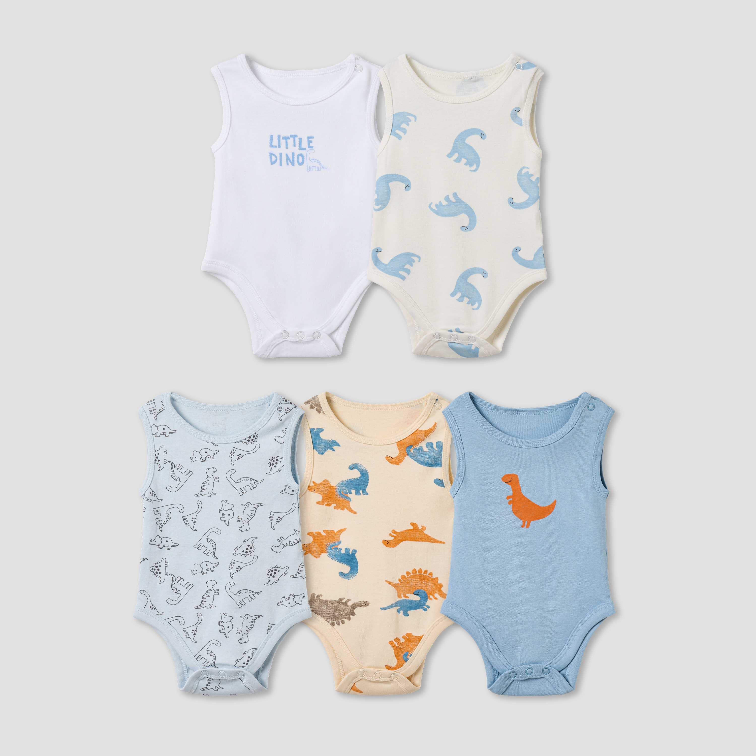 Pack of 5 Juniors Cotton Round Neck Sleeveless Bodysuit with Dinosaur Print-baby-boys-clothing-multipacks-image-1
