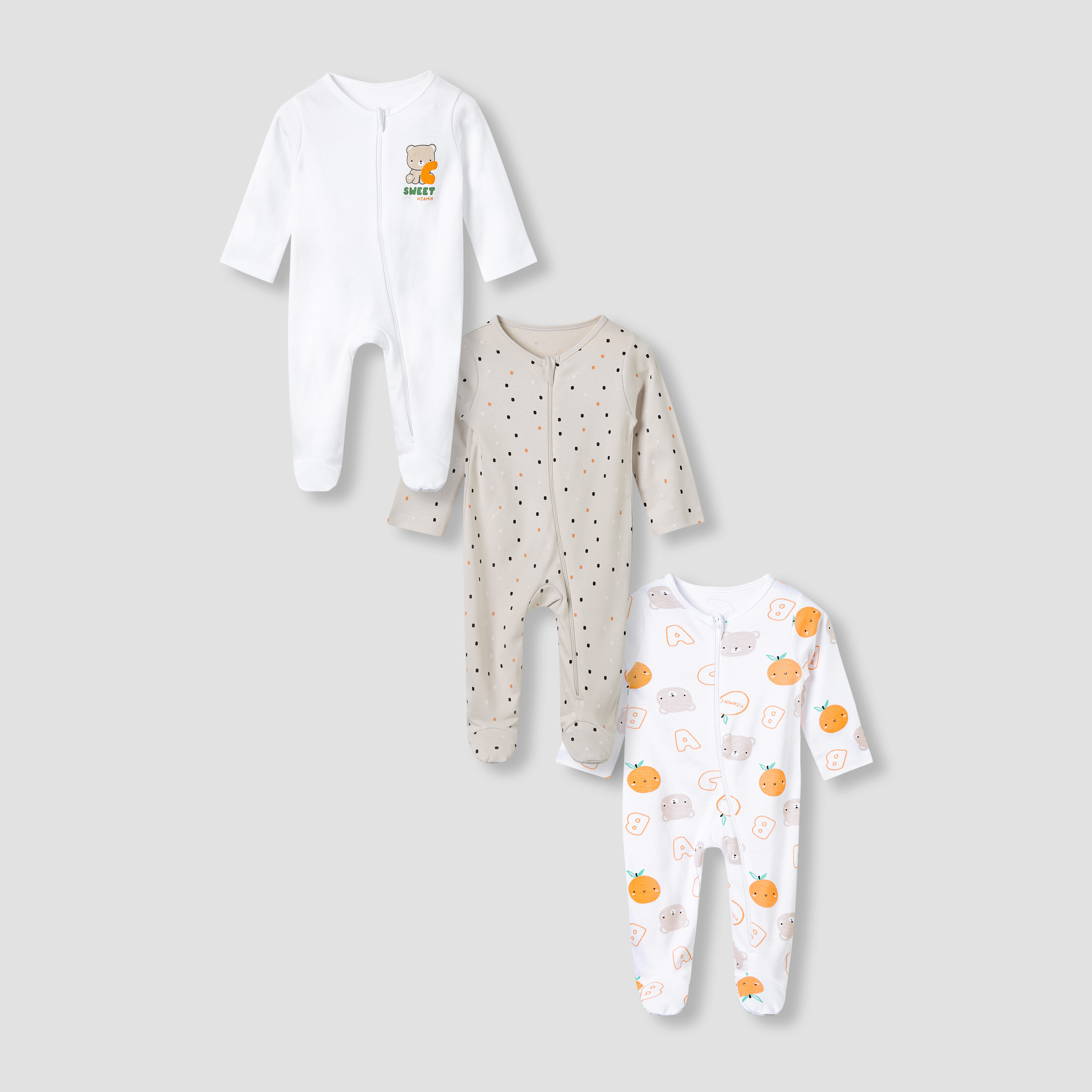 Juniors Crew Neck Sleepsuit with Print - Cotton - Long Sleeves - Set of 3-baby-girls-clothing-nightwear-sleepsuits-image-1