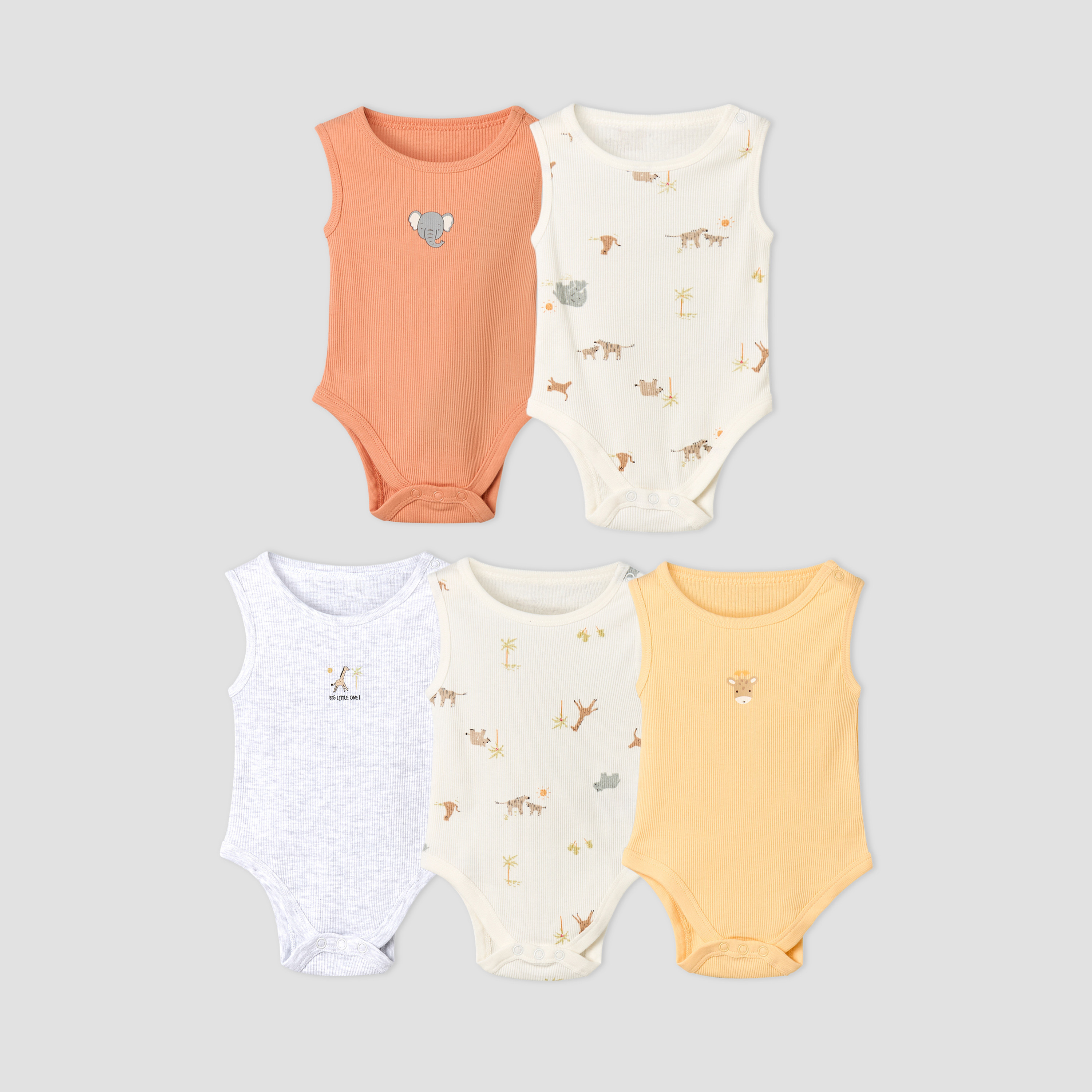 Pack of 5 Juniors Round Neck Sleeveless Bodysuit with Animal Print-baby-boys-clothing-bodysuits-image-1
