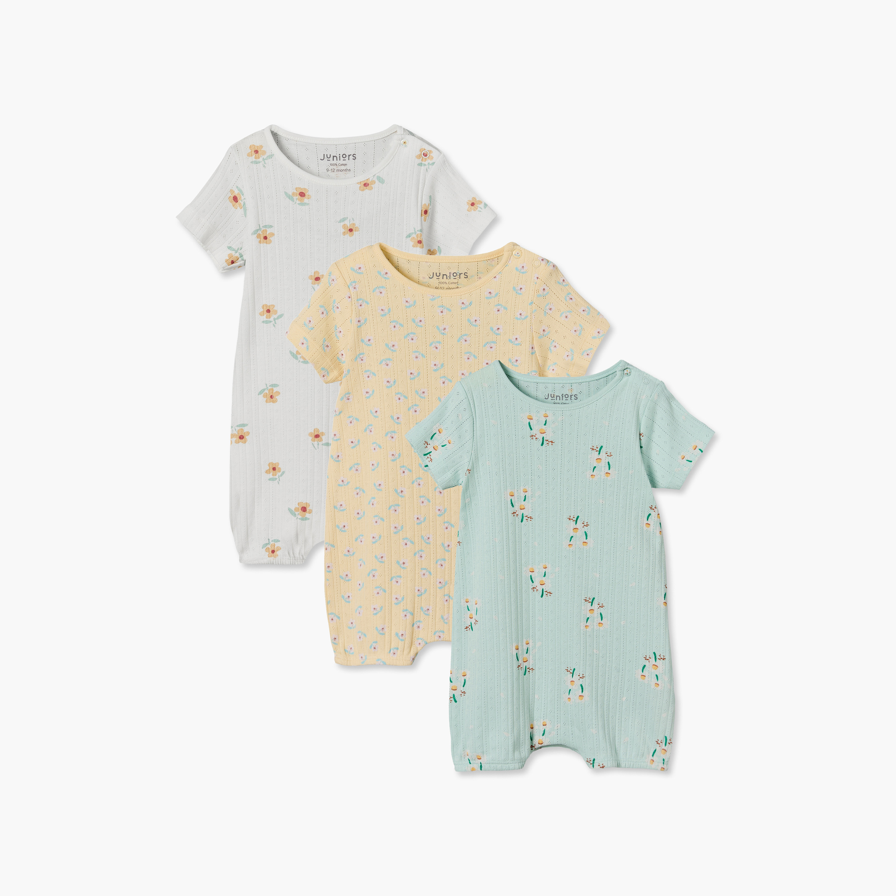 Pack of 3 Juniors Crew Neck Short Sleeves Rompers with Floral Print-baby-girls-clothing-rompers-image-1