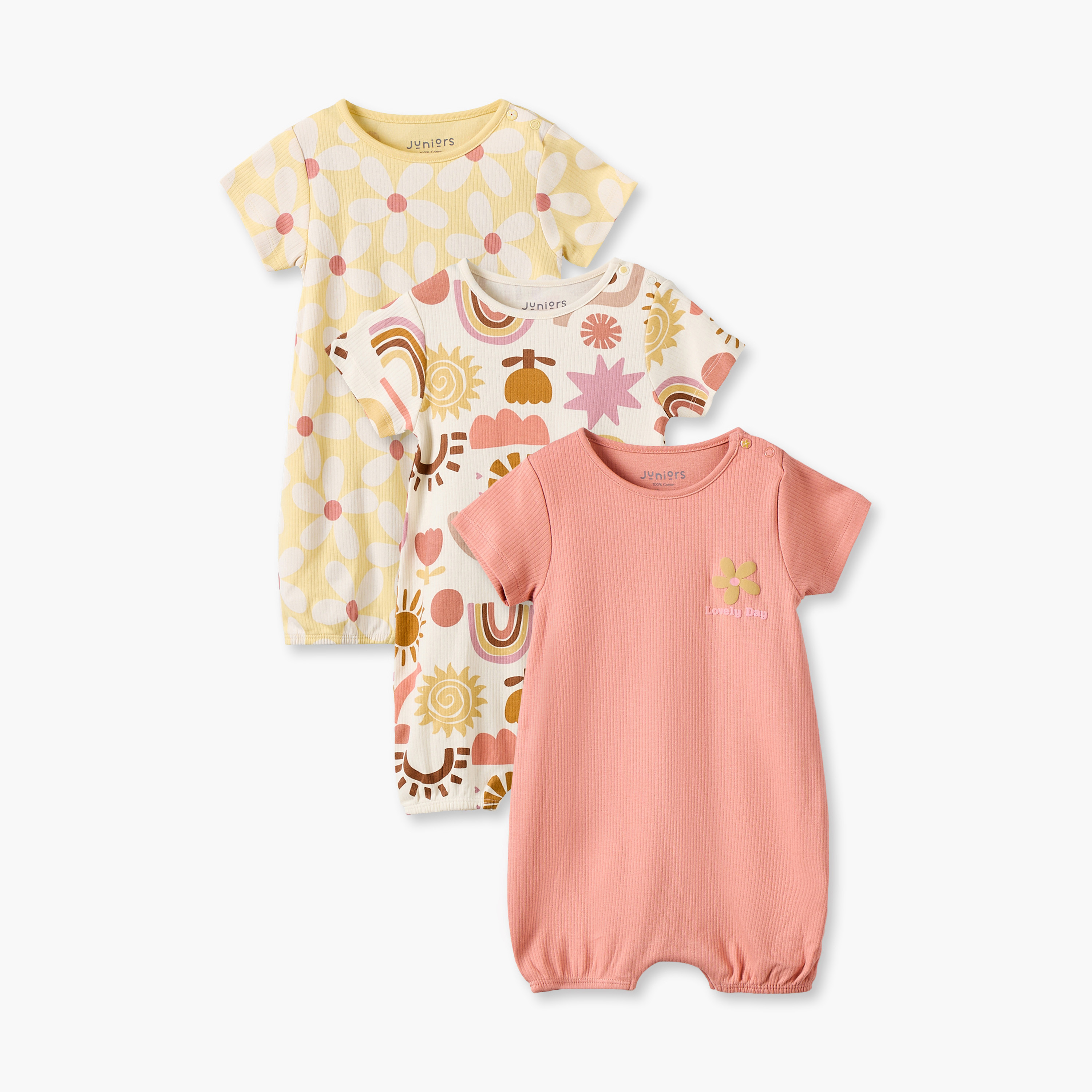Pack of 3 Juniors Crew Neck Short Sleeves Romper with Assorted Print-baby-girls-clothing-rompers-image-1