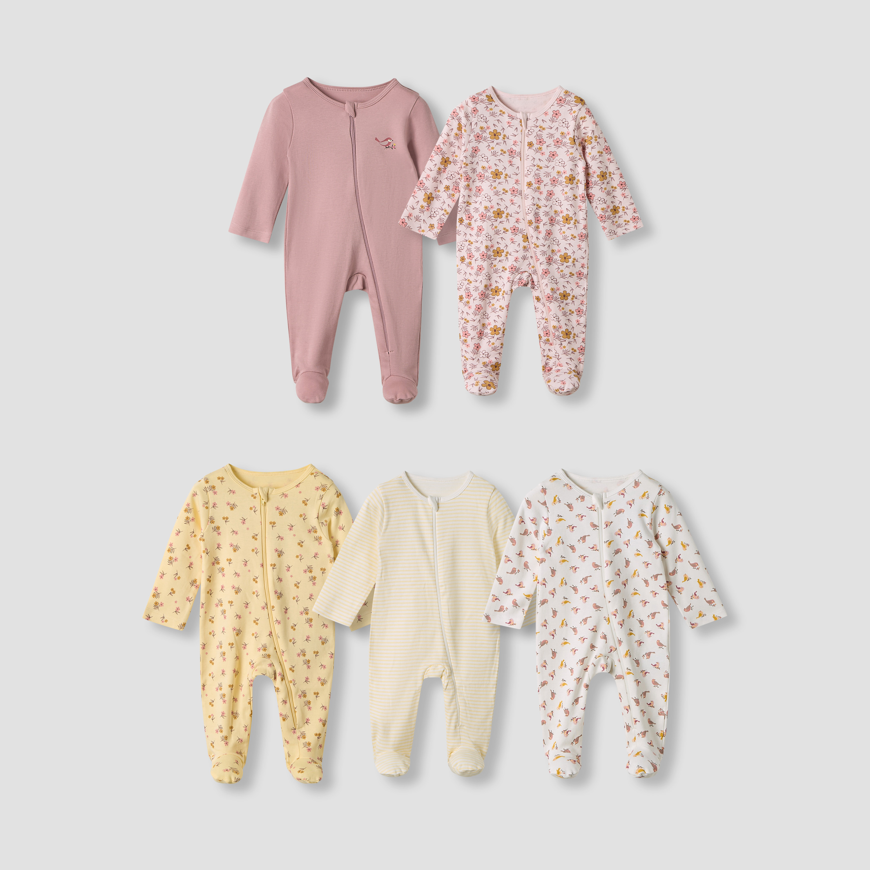 بدلة نوم قطن برقبة ضيقة وأكمام طويلة وطبعات من جونيورز - مجموعة من 5 قطع-baby-girls-clothing-nightwear-sleepsuits-image-1