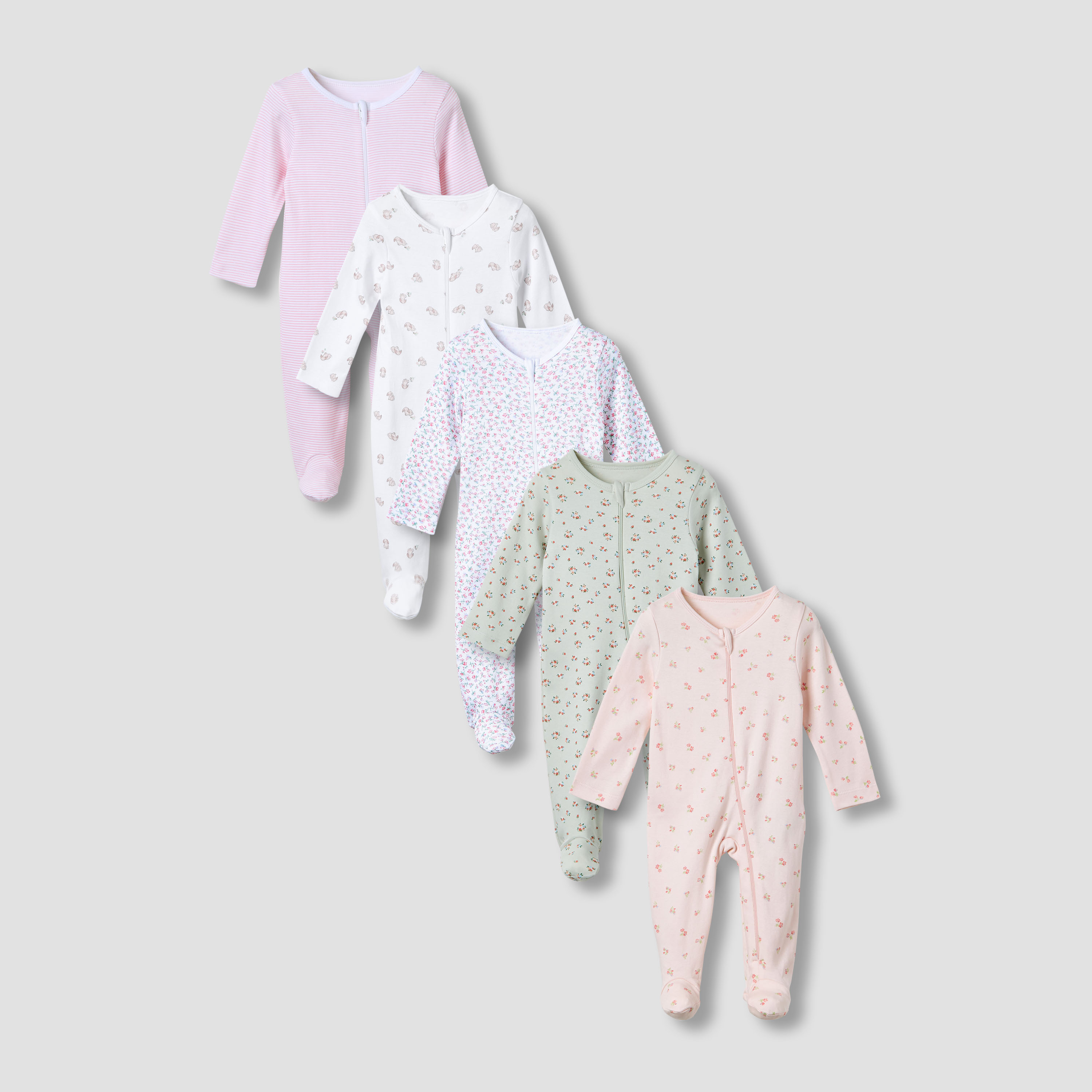 Juniors Cotton Round Neck Long Sleeves Sleepsuit with Floral Print, Set of 5-baby-girls-clothing-nightwear-sleepsuits-image-1