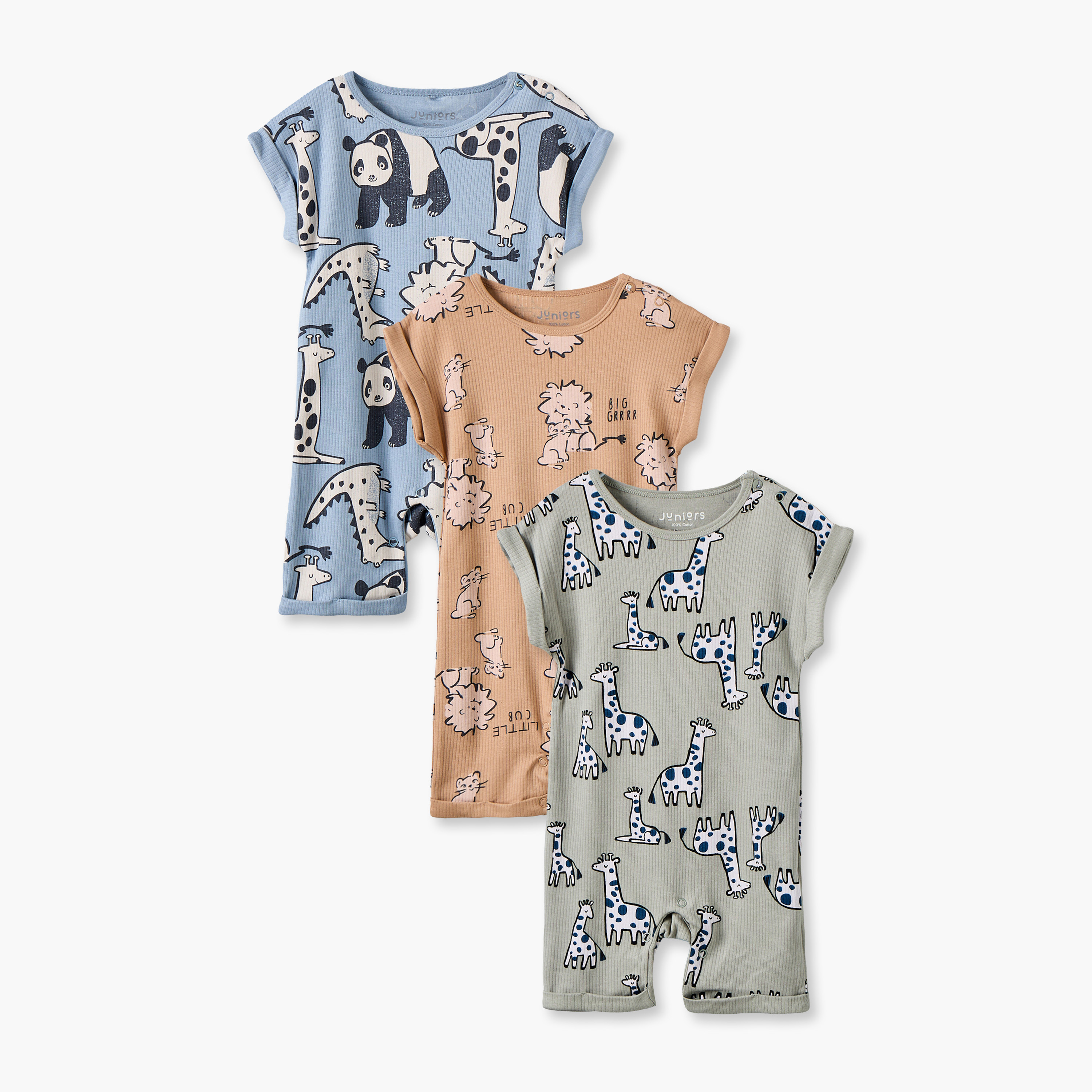 طقم رومبر بياقة مستديرة وأكمام قصيرة بطبعة سفاري من جونيورز - 3 قطع-baby-boys-clothing-rompers-image-1