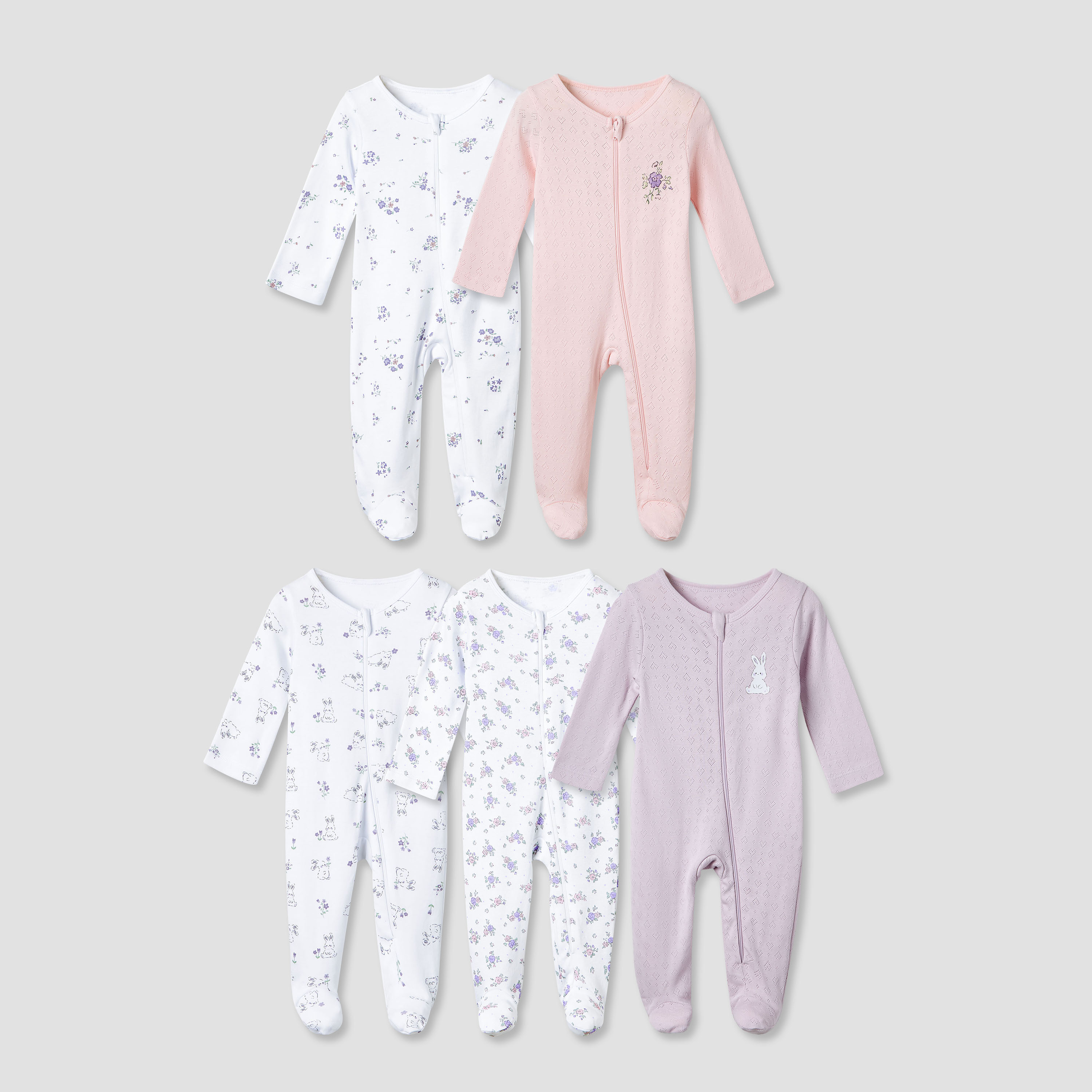 Juniors Cotton Round Neck Long Sleeves Sleepsuit with Fun Print, Set of 5-baby-girls-clothing-nightwear-sleepsuits-image-1