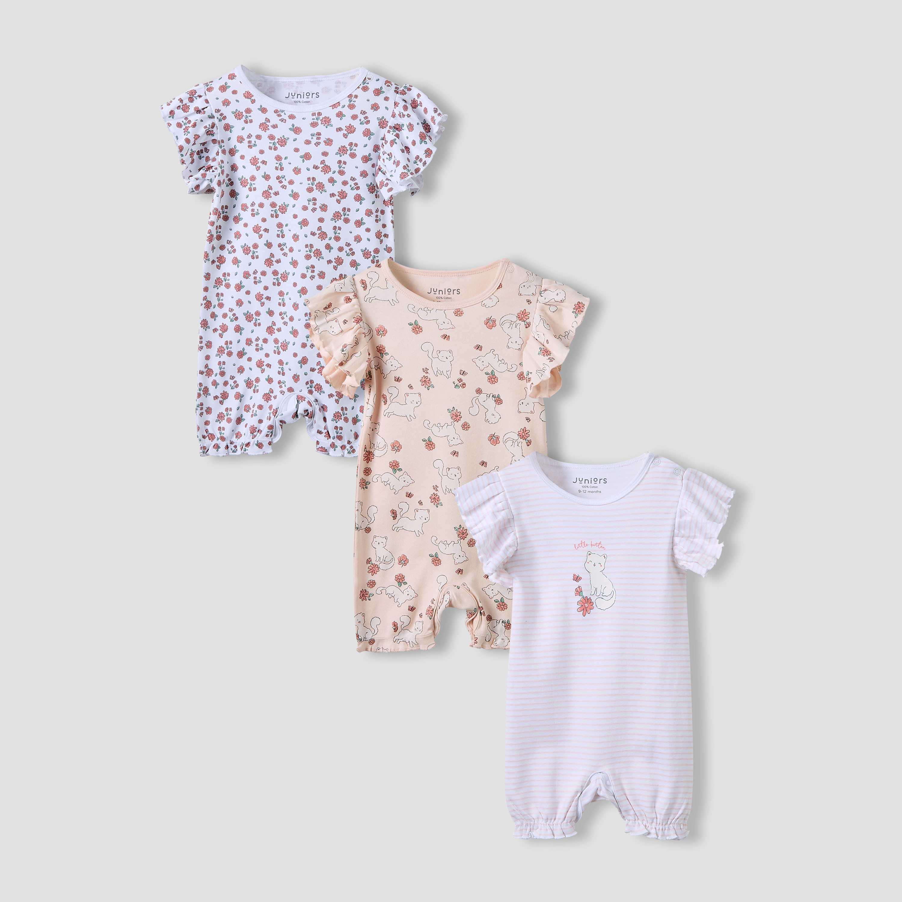 Juniors Crew Neck Romper with Print - Cotton - Short Sleeves - Set of 3-baby-girls-clothing-rompers-image-1