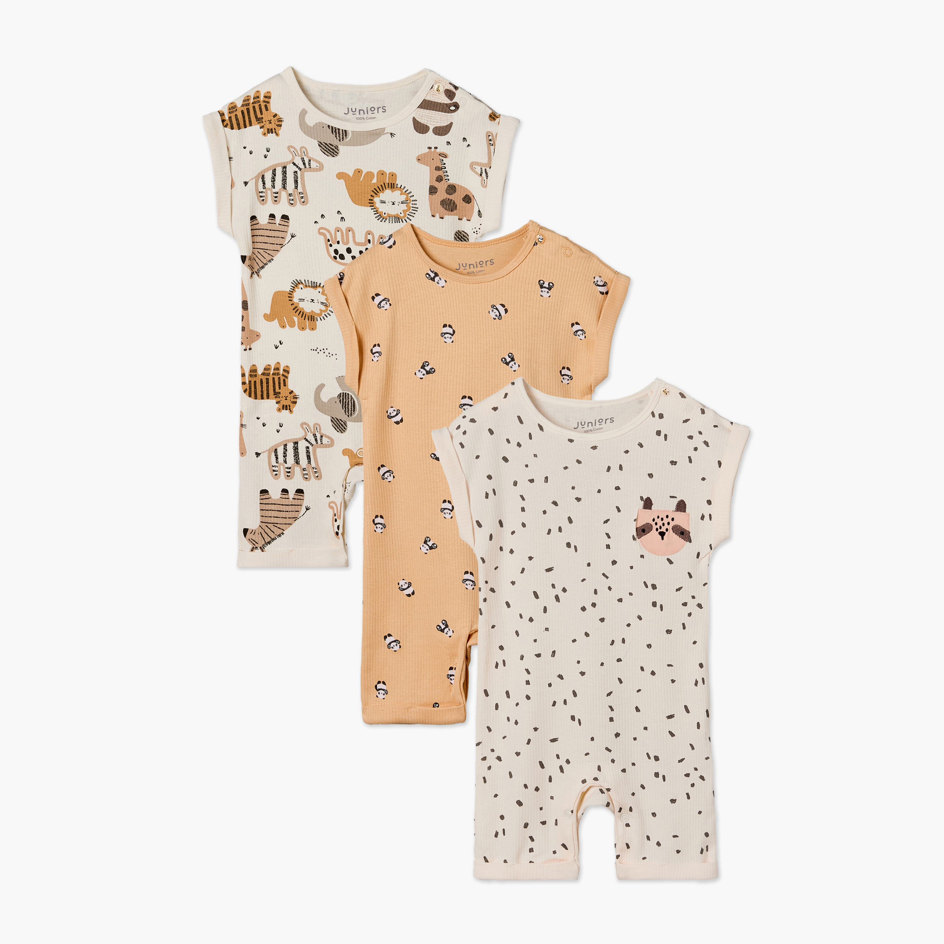 Pack of 3 Juniors Crew Neck Short Sleeves Romper with Assorted Print-baby-boys-clothing-rompers-image-1