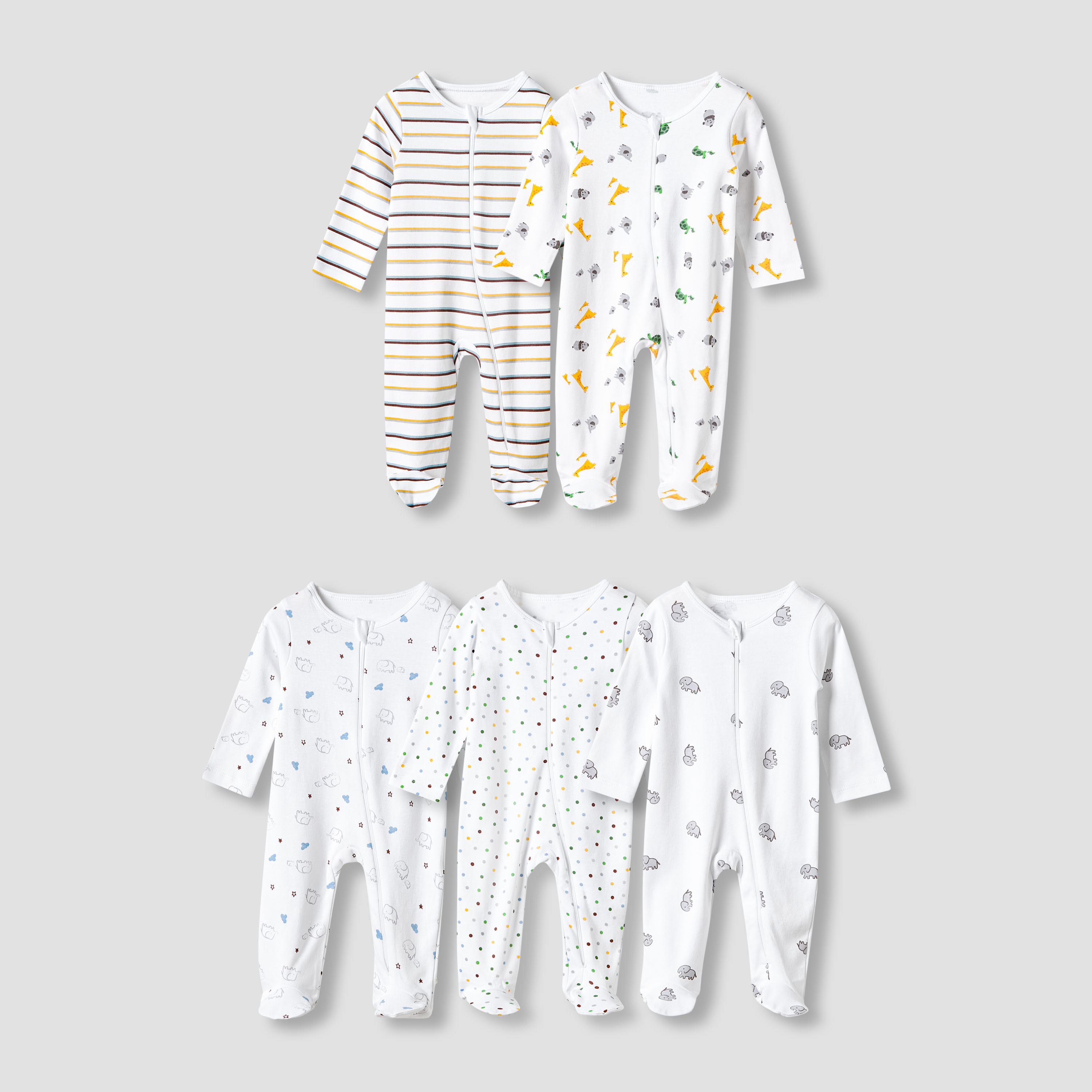 Juniors Round Neck Sleepsuit with Closed Feet - Cotton - Long Sleeves - Set of 5-baby-girls-clothing-nightwear-sleepsuits-image-1