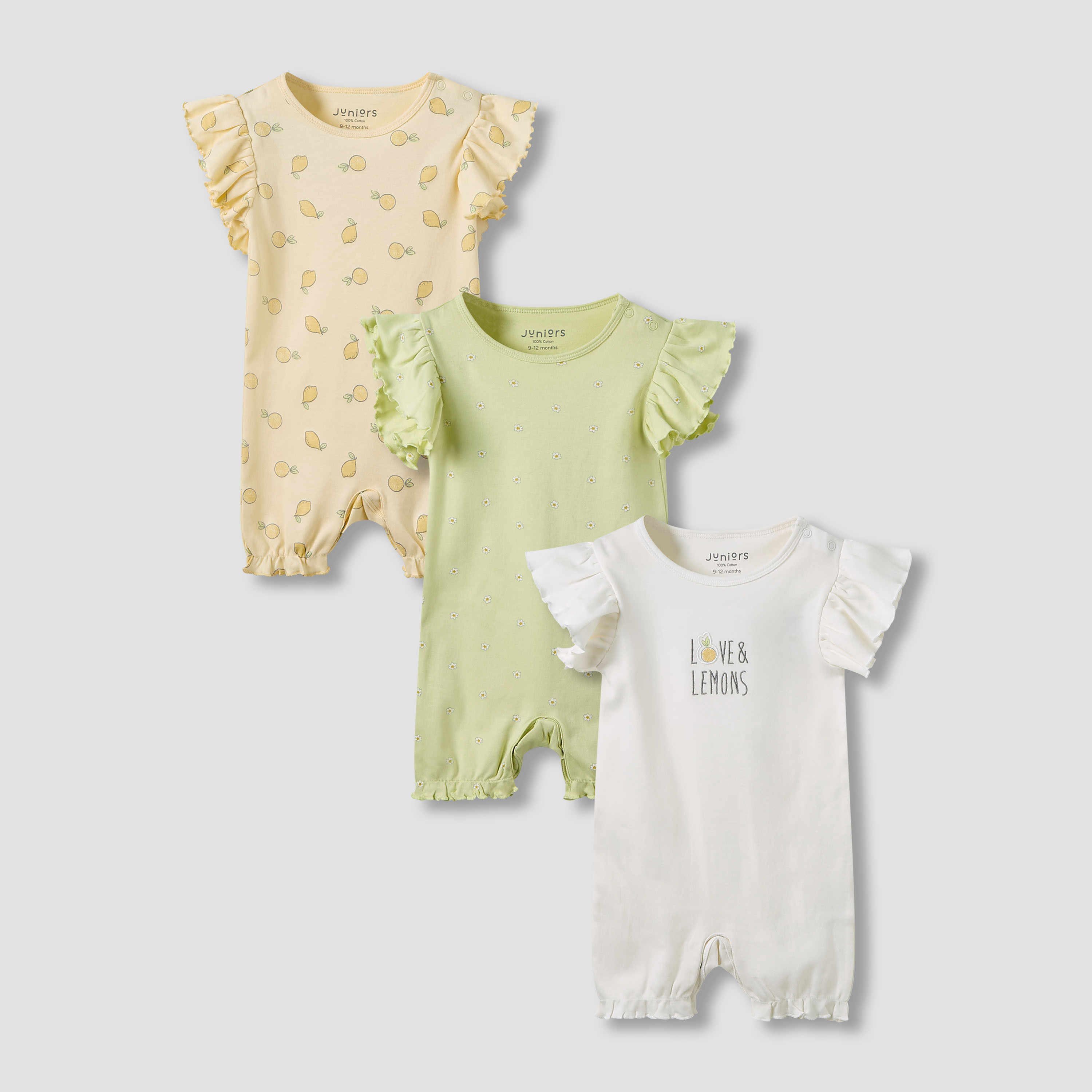 Juniors Crew Neck Romper with Print - Cotton - Short Sleeves - Set of 3-baby-girls-clothing-rompers-image-1