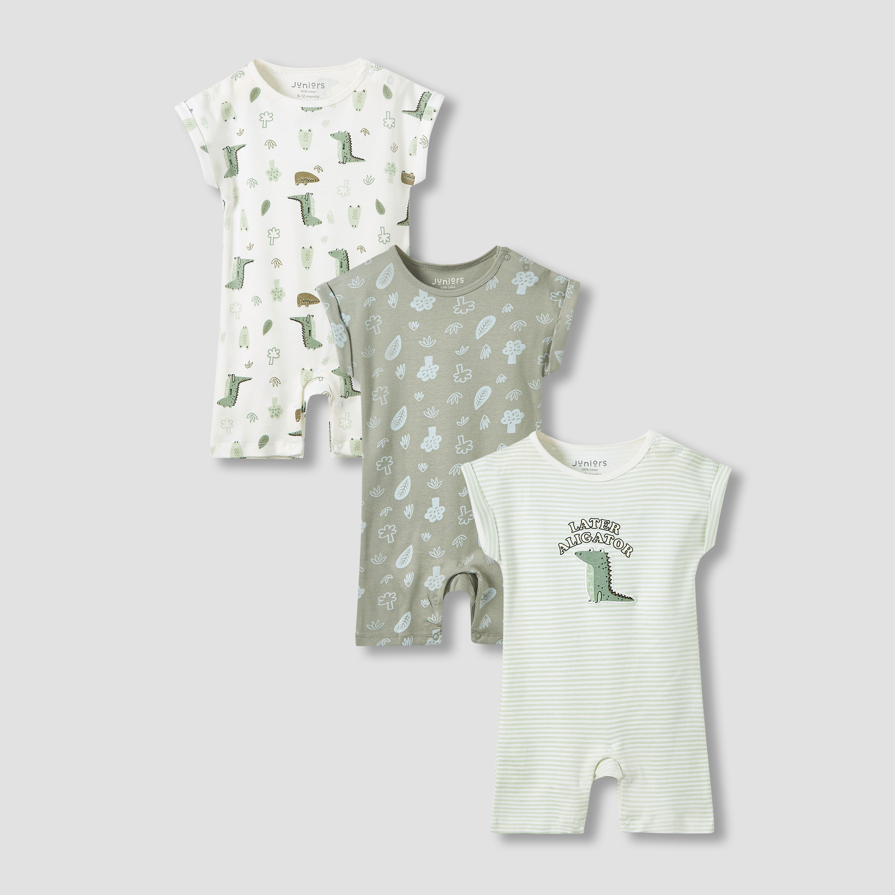 أفرولات قطن بطبعات ديناصور وياقة ضيقة وأكمام قصيرة من جونيورز - طقم 3 قطع-baby-boys-clothing-rompers-image-6