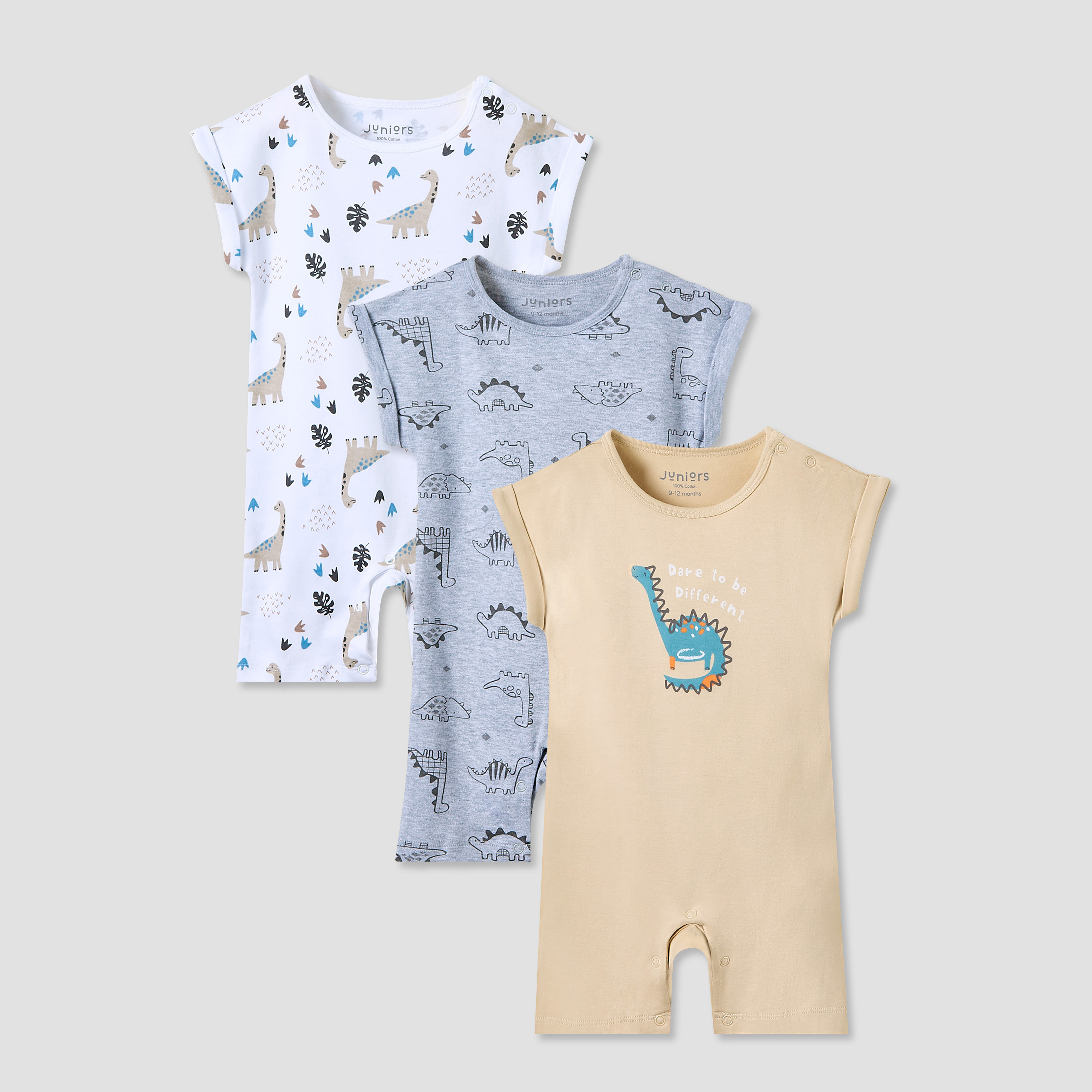 Juniors Crew Neck Romper with Dinosaur Print - Cotton - Cap Sleeves - Set of 3-baby-boys-clothing-rompers-image-1