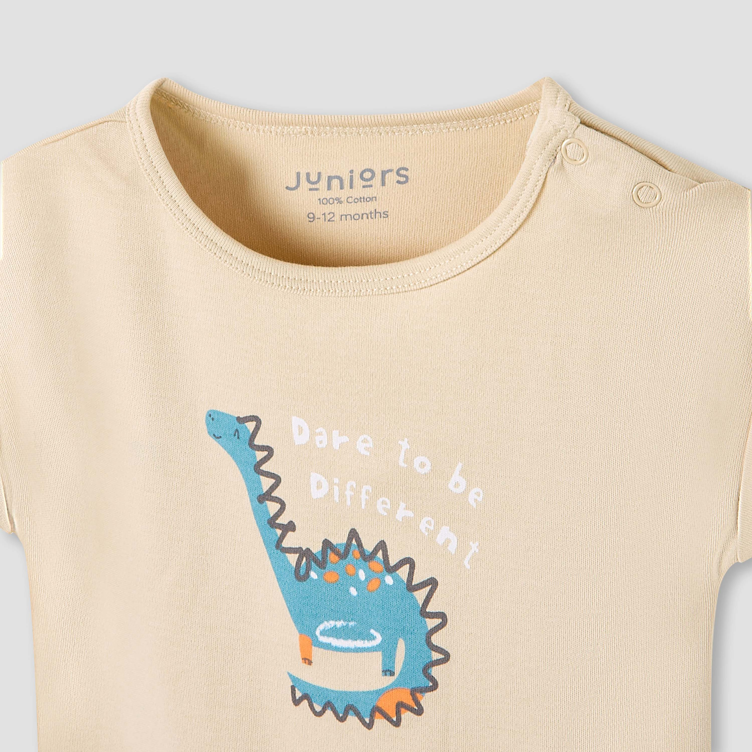 Juniors Crew Neck Romper with Dinosaur Print - Cotton - Cap Sleeves - Set of 3-baby-boys-clothing-rompers-image-5