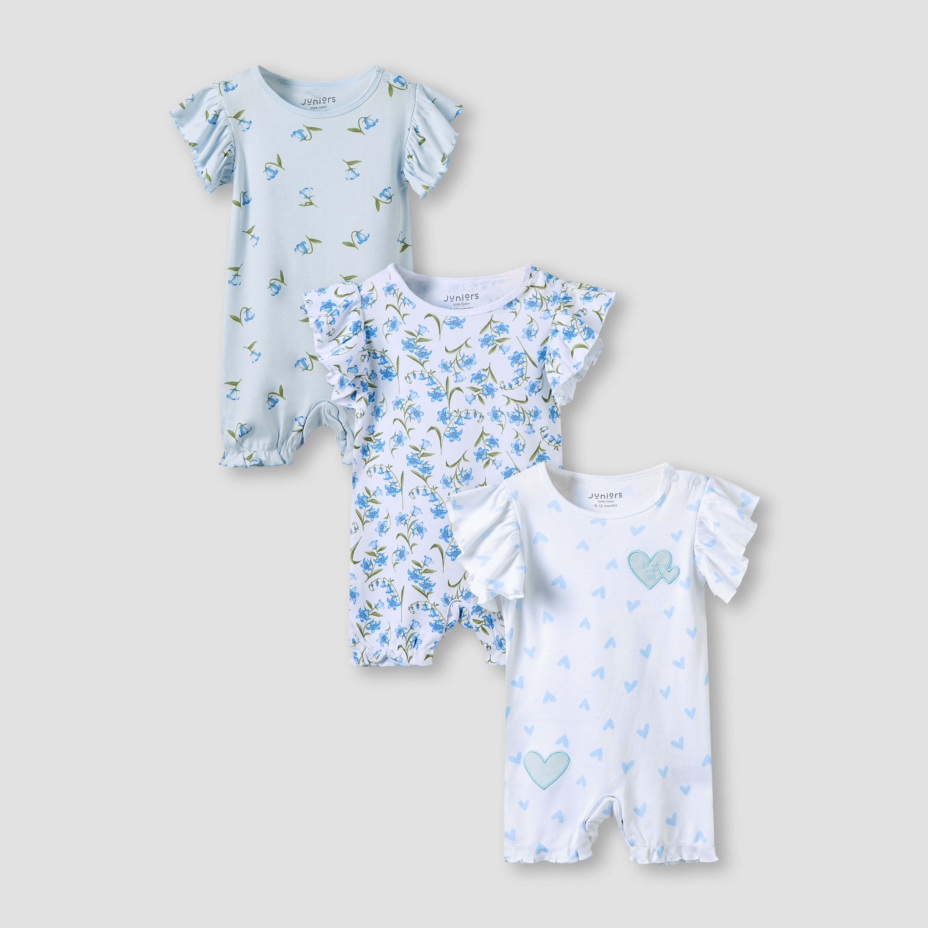 Juniors Crew Neck Romper with Print - Cotton - Short Sleeves - Set of 3-baby-girls-clothing-rompers-image-1