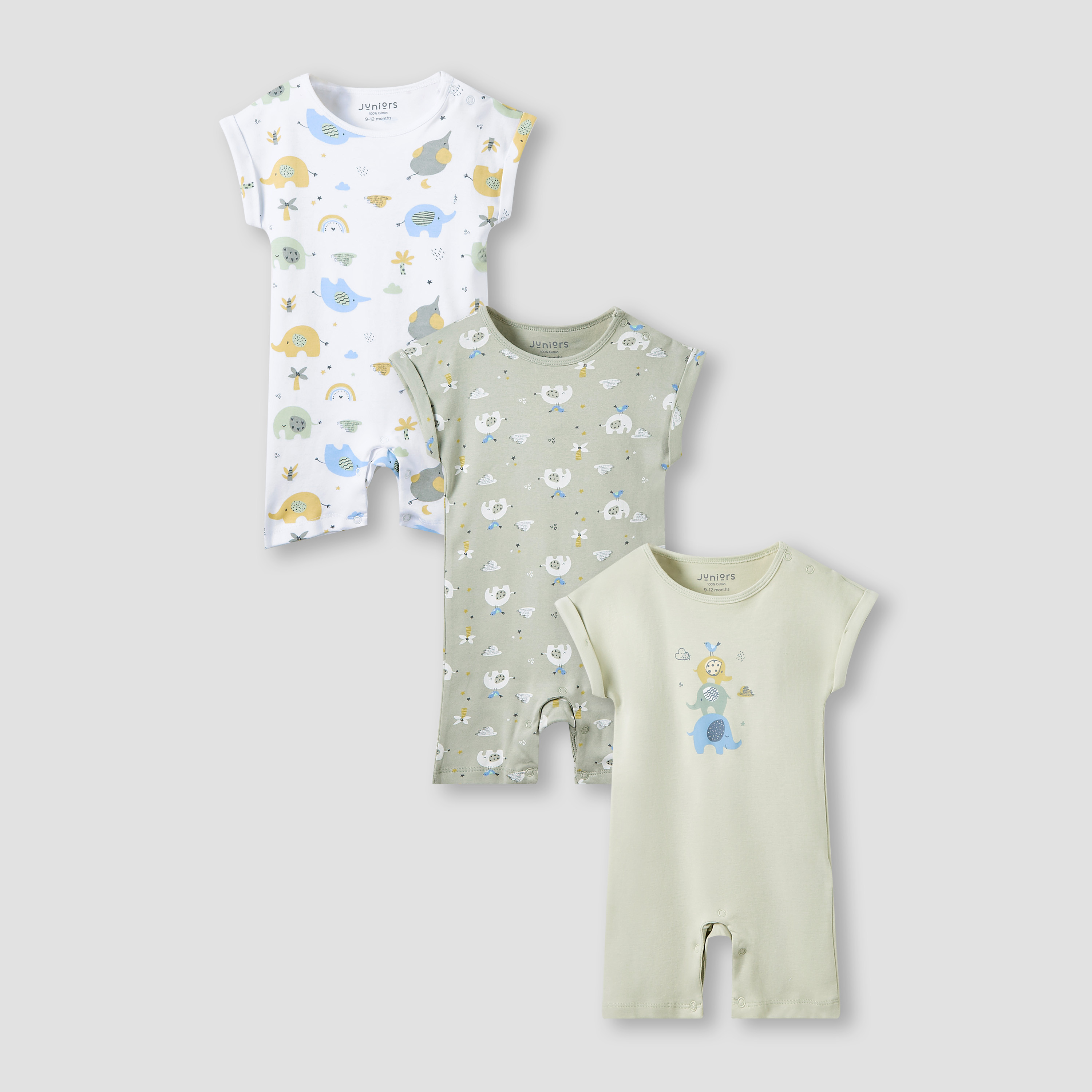 Juniors Crew Neck Romper with Print - Cotton - Short Sleeves - Set of 3-baby-boys-clothing-rompers-image-1