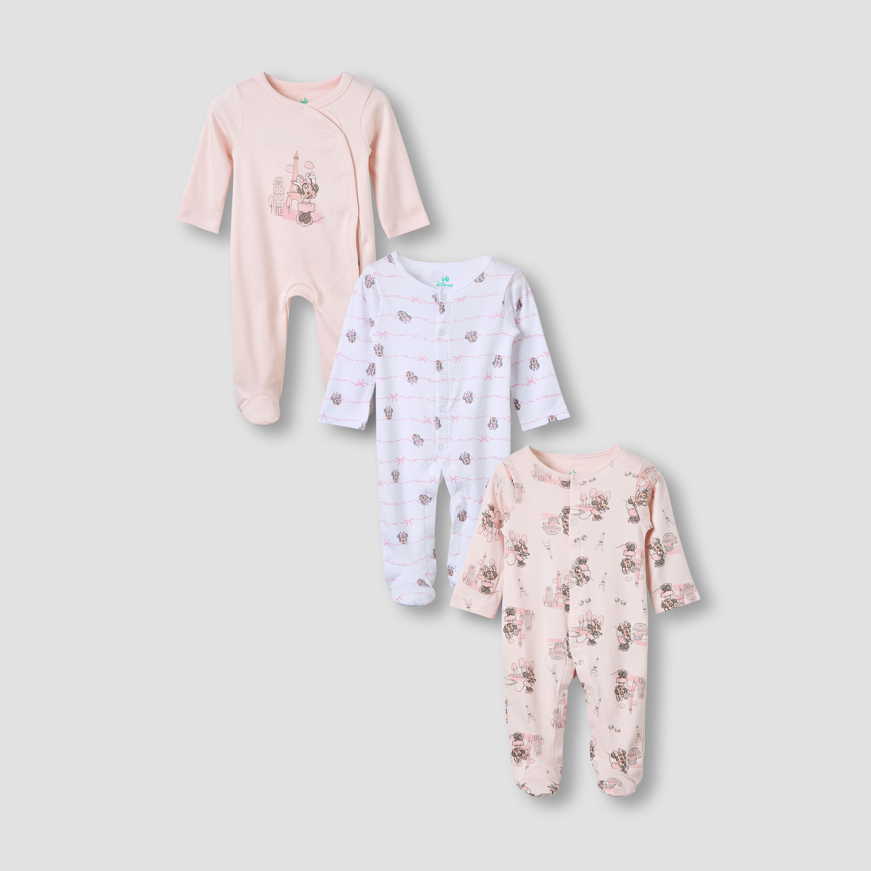Disney Round Neck Sleepsuit with Minnie Mouse Print - Cotton - Long Sleeves - Set of 3-baby-girls-clothing-nightwear-sleepsuits-image-1