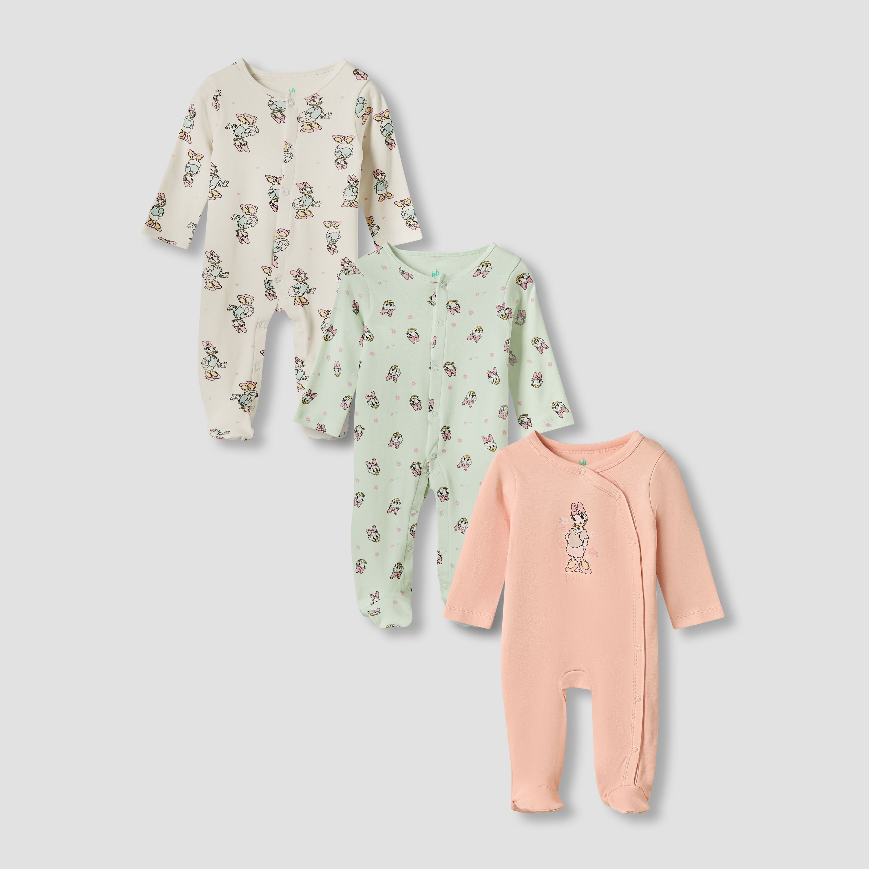 Disney Round Neck Sleepsuit with Closed Feet - Cotton - Long Sleeves - Set of 3-baby-girls-clothing-nightwear-sleepsuits-image-1