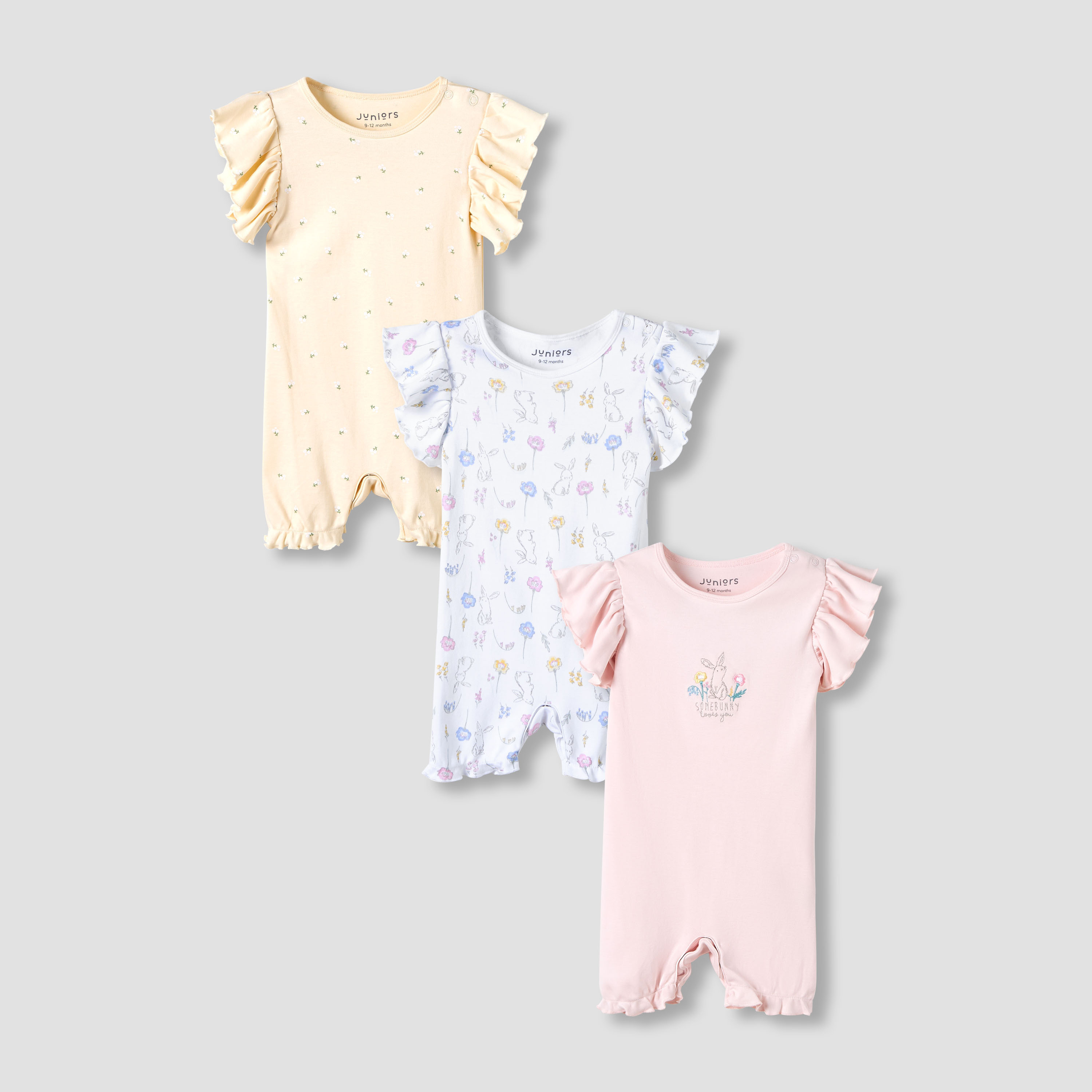 Juniors Crew Neck Romper with Print - Cotton - Short Sleeves - Set of 3-baby-girls-clothing-rompers-image-1