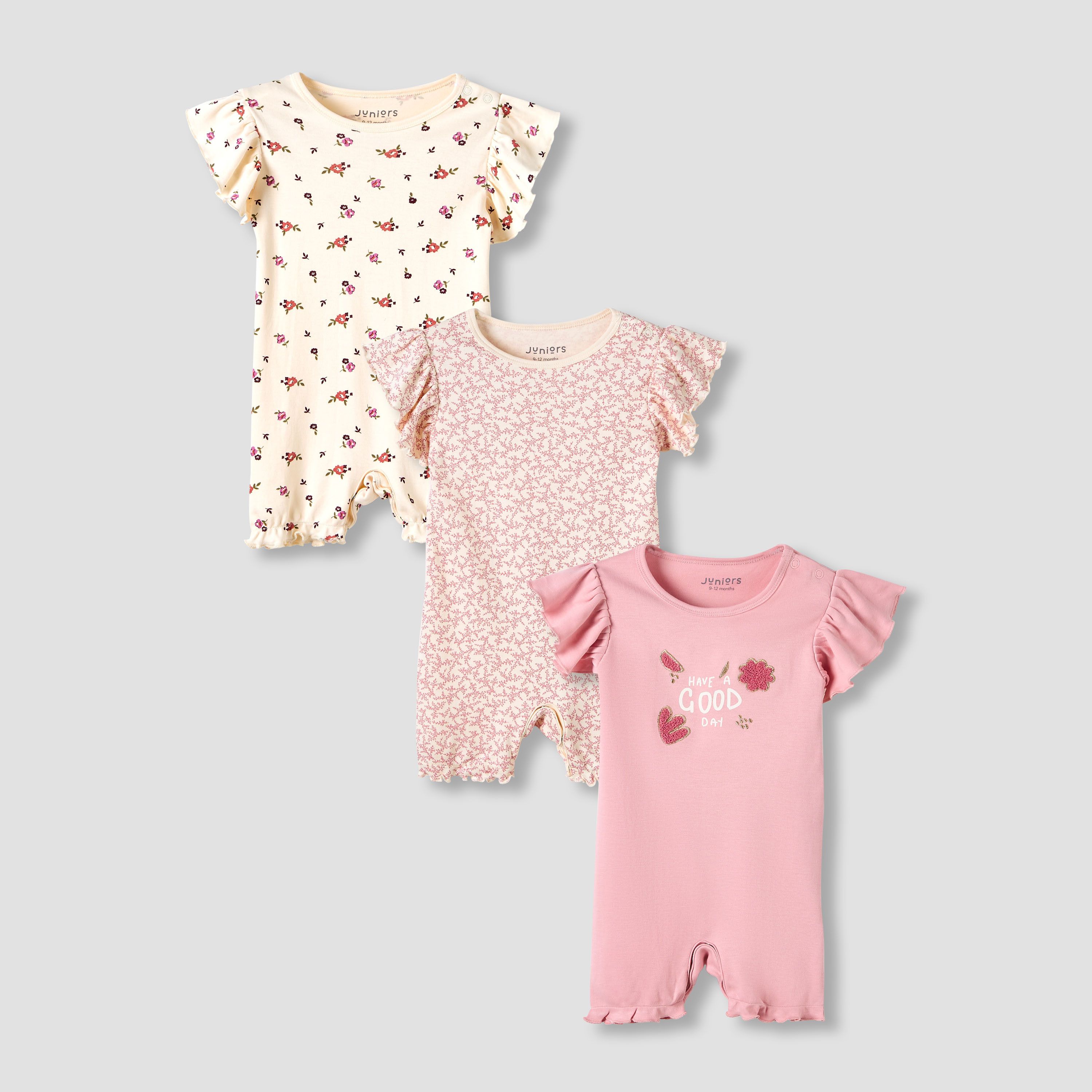 Juniors Crew Neck Romper with Snap Button Closure - Cotton - Cap Sleeves - Set of 3-baby-girls-clothing-rompers-image-1