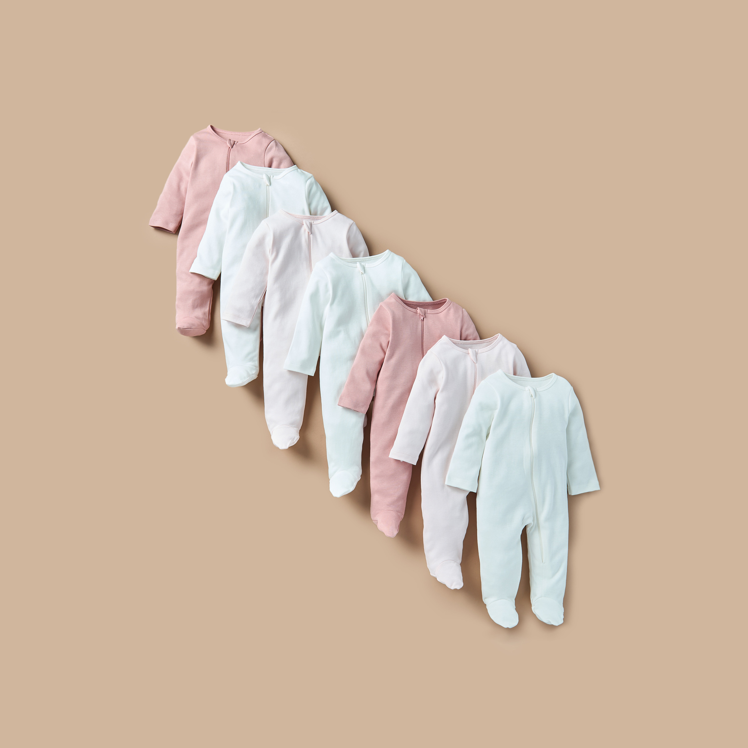 Juniors Solid Closed Feet Sleepsuit with Long Sleeves - Set of 7-baby-girls-clothing-nightwear-sleepsuits-image-1