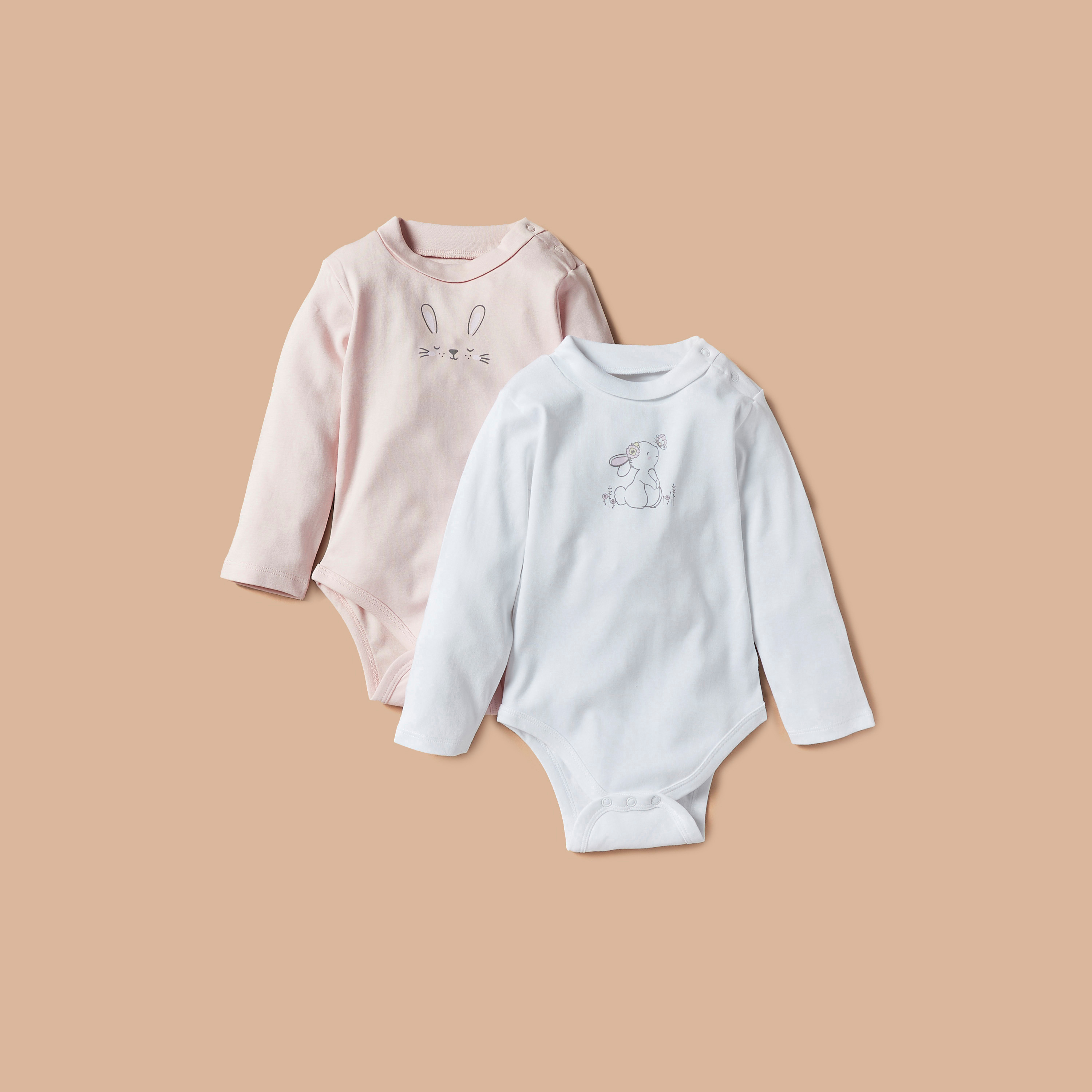 Juniors Bunny Print Long Sleeves Bodysuit - Set of 2-baby-girls-clothing-winterwear-bodysuits-image-1