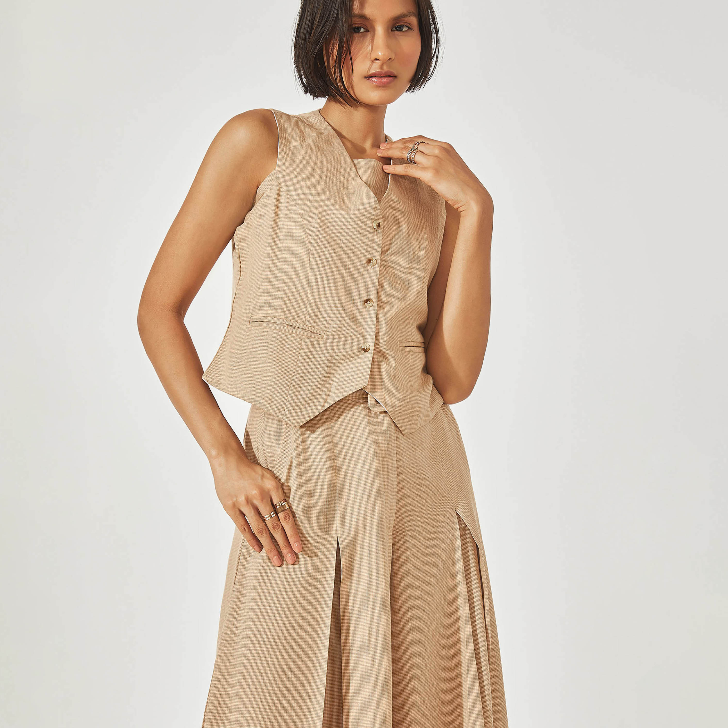 The Label Life Textured V-Neck Sleeveless Waistcoat-women-clothing-coatsandjackets-coats-image-1