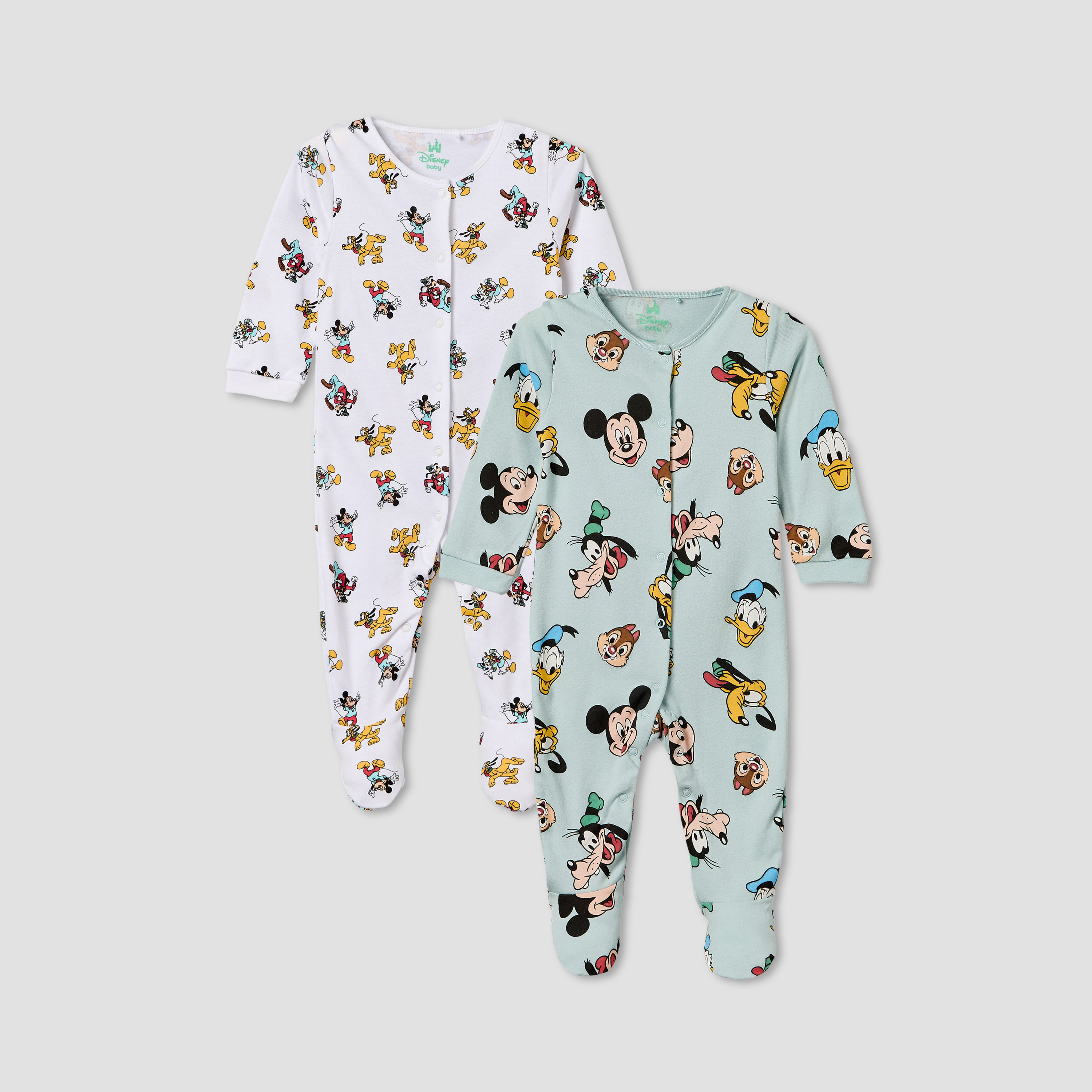 Pack of 2 Disney Cotton Crew Neck Long Sleeves Sleepsuit with Mickey Mouse and Friends Print-baby-boys-clothing-nightwear-sleepsuits-image-1