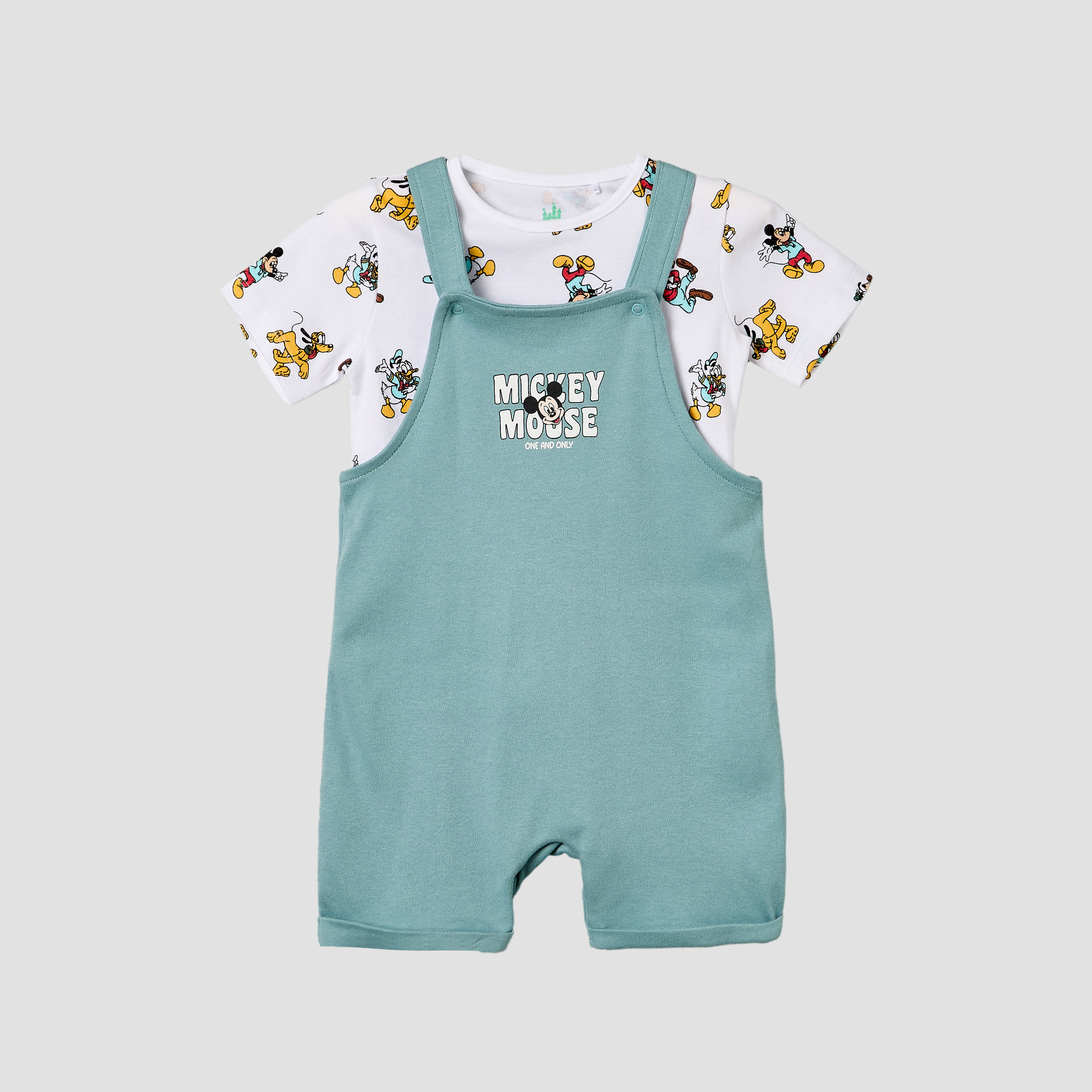 Disney Crew Neck Short Sleeves T-shirt and Dungaree Set with Mickey Mouse and Friends Print-baby-boys-clothing-setsandcoords-image-1