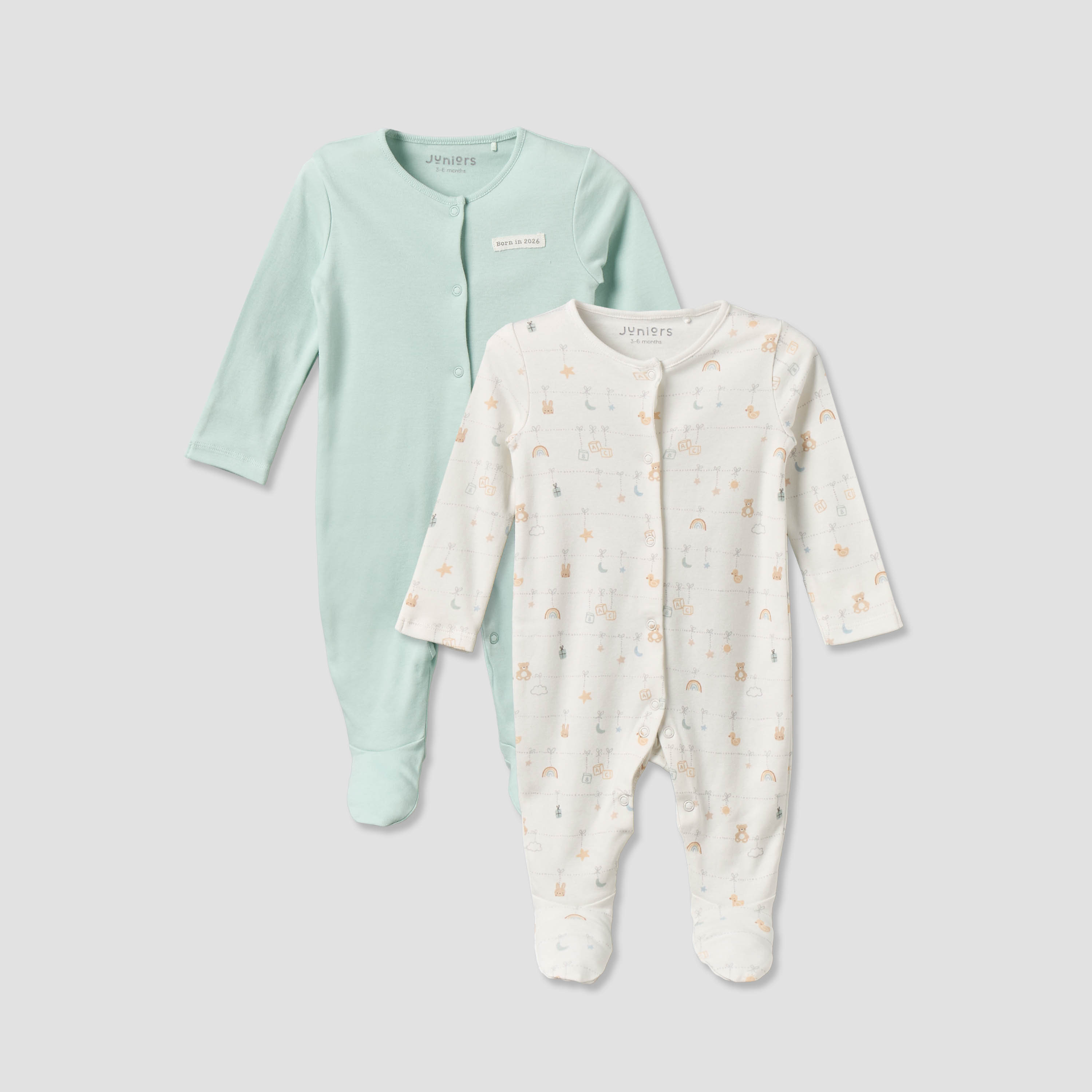 Pack of 2 Juniors Cotton Round Neck Long Sleeves Sleepsuit with Snap Button Closure-baby-girls-clothing-nightwear-sleepsuits-image-1