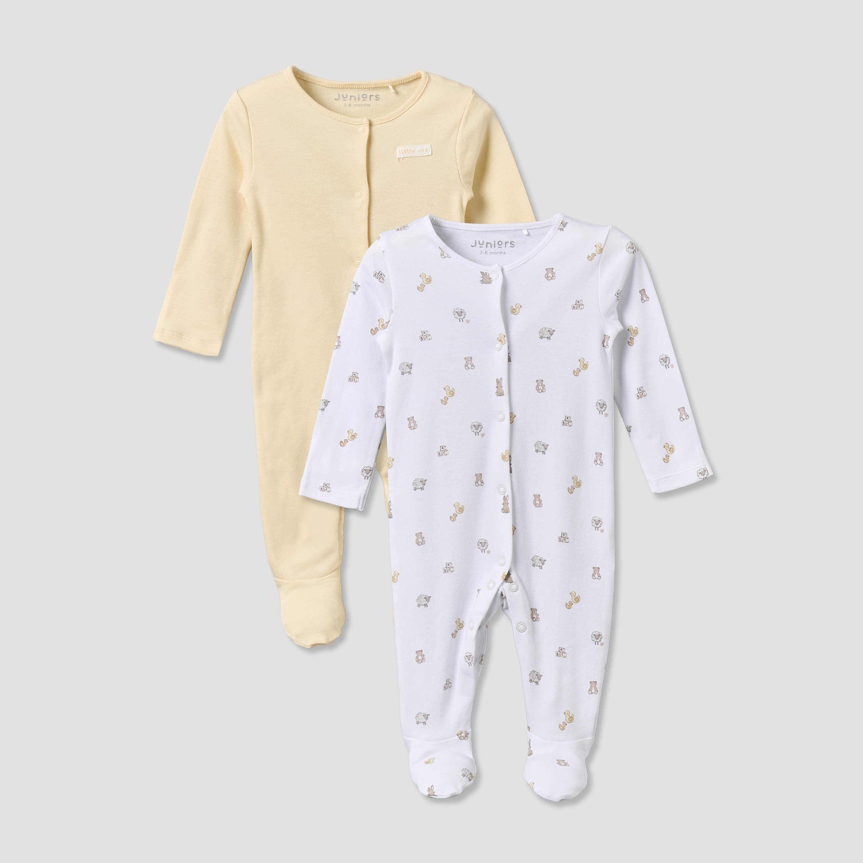 Pack of 2 Juniors Cotton Round Neck Long Sleeves Sleepsuit with Snap Button Closure-baby-girls-clothing-nightwear-sleepsuits-image-1