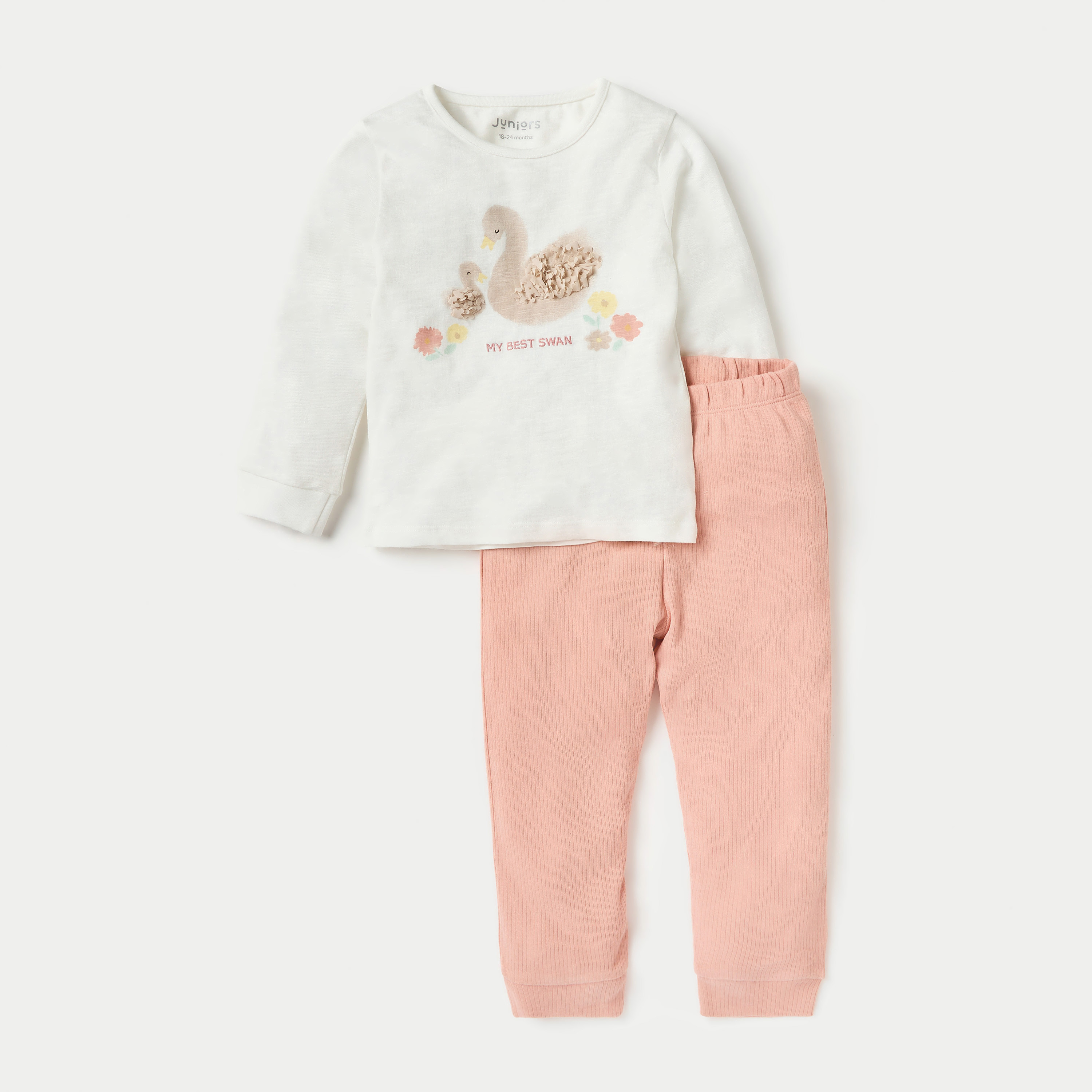 Juniors Swan Print Long Sleeves T-shirt and Elasticated Pyjama Set-baby-girls-clothing-nightwear-pyjamasets-image-1
