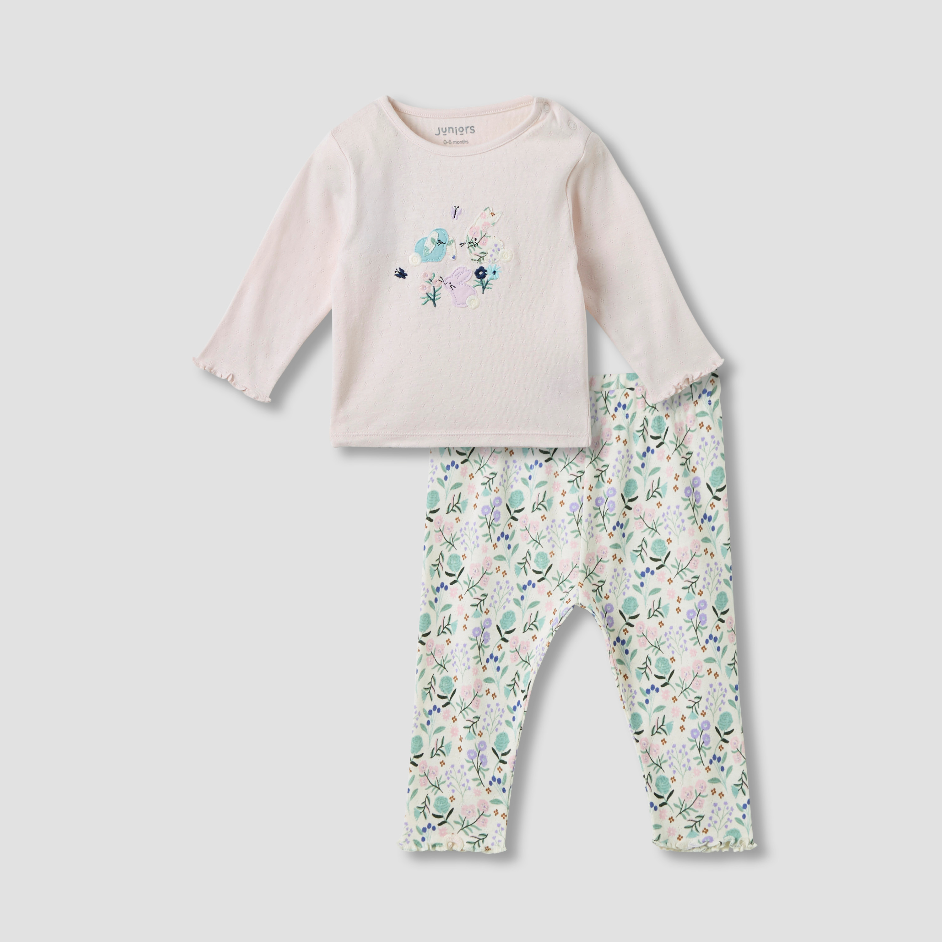 Juniors Embroidered T-shirt and Pyjama Set-baby-girls-clothing-nightwear-pyjamasets-image-1