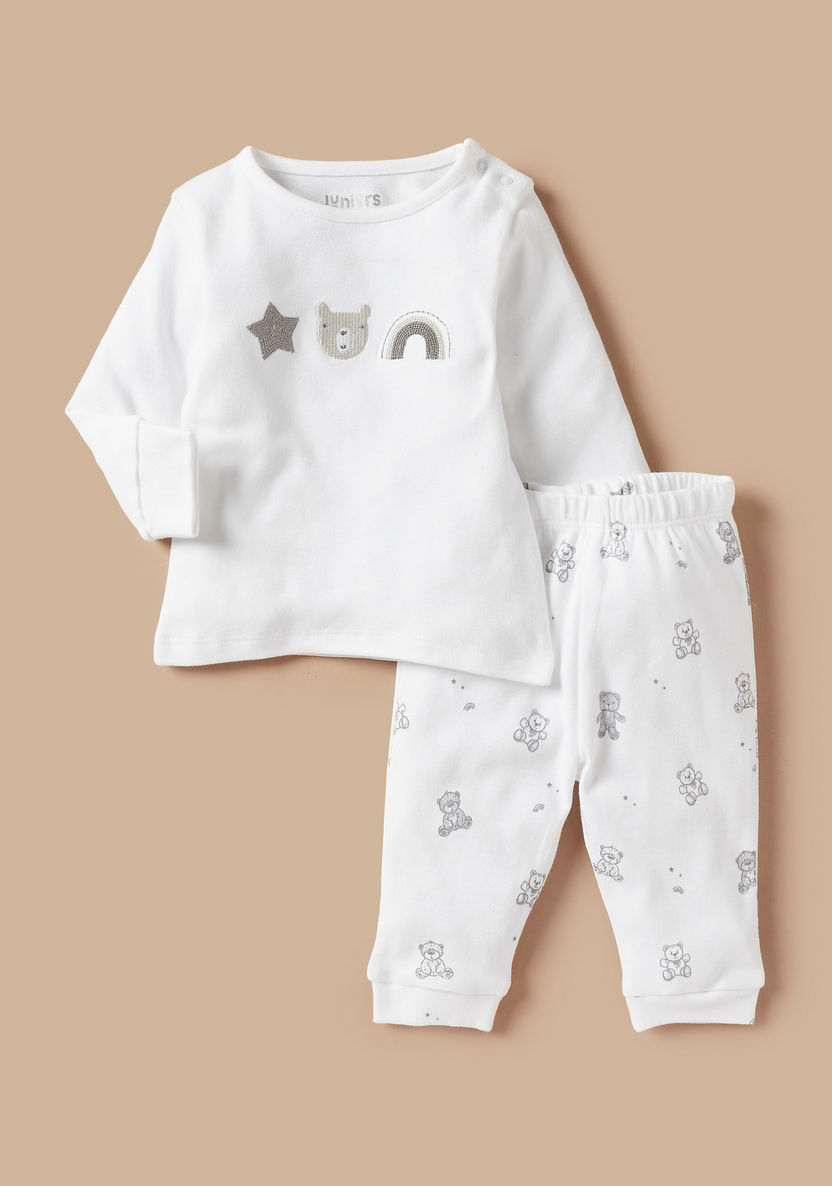 Juniors Bear Detail Long Sleeves T-shirt and Pyjama Set-Pyjama Sets-image-0