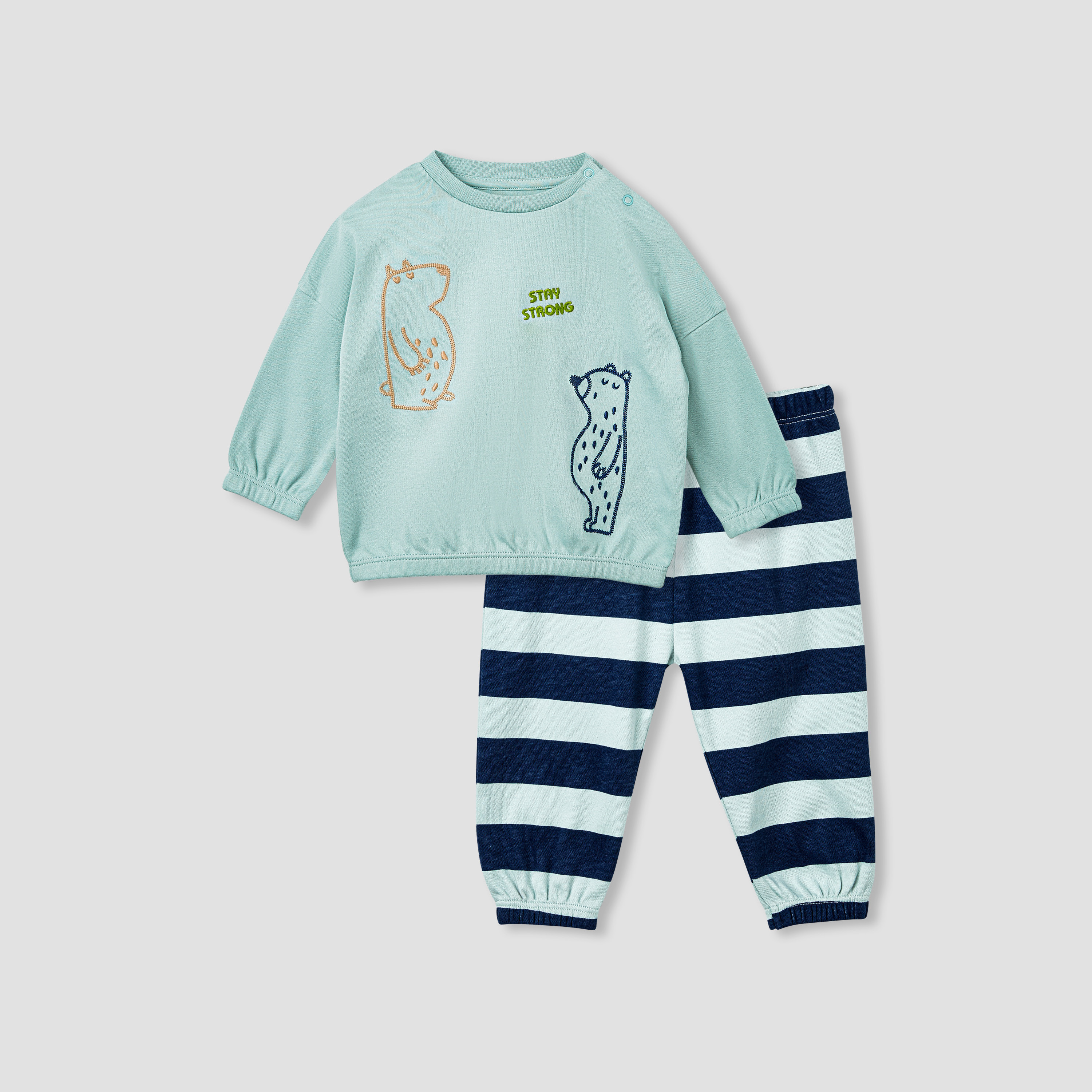 Juniors Embroidered Sweatshirt and Striped Pyjama Set-baby-boys-clothing-nightwear-pyjamasets-image-1