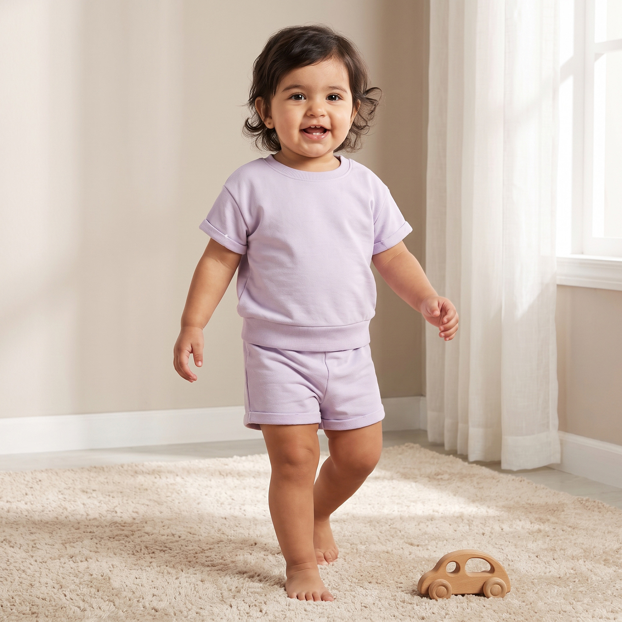 طقم تيشيرت بأكمام قصيرة وياقة ضيقة وشورت بأطراف مطوية من جونيورز-baby-girls-clothing-setsandcoords-image-1